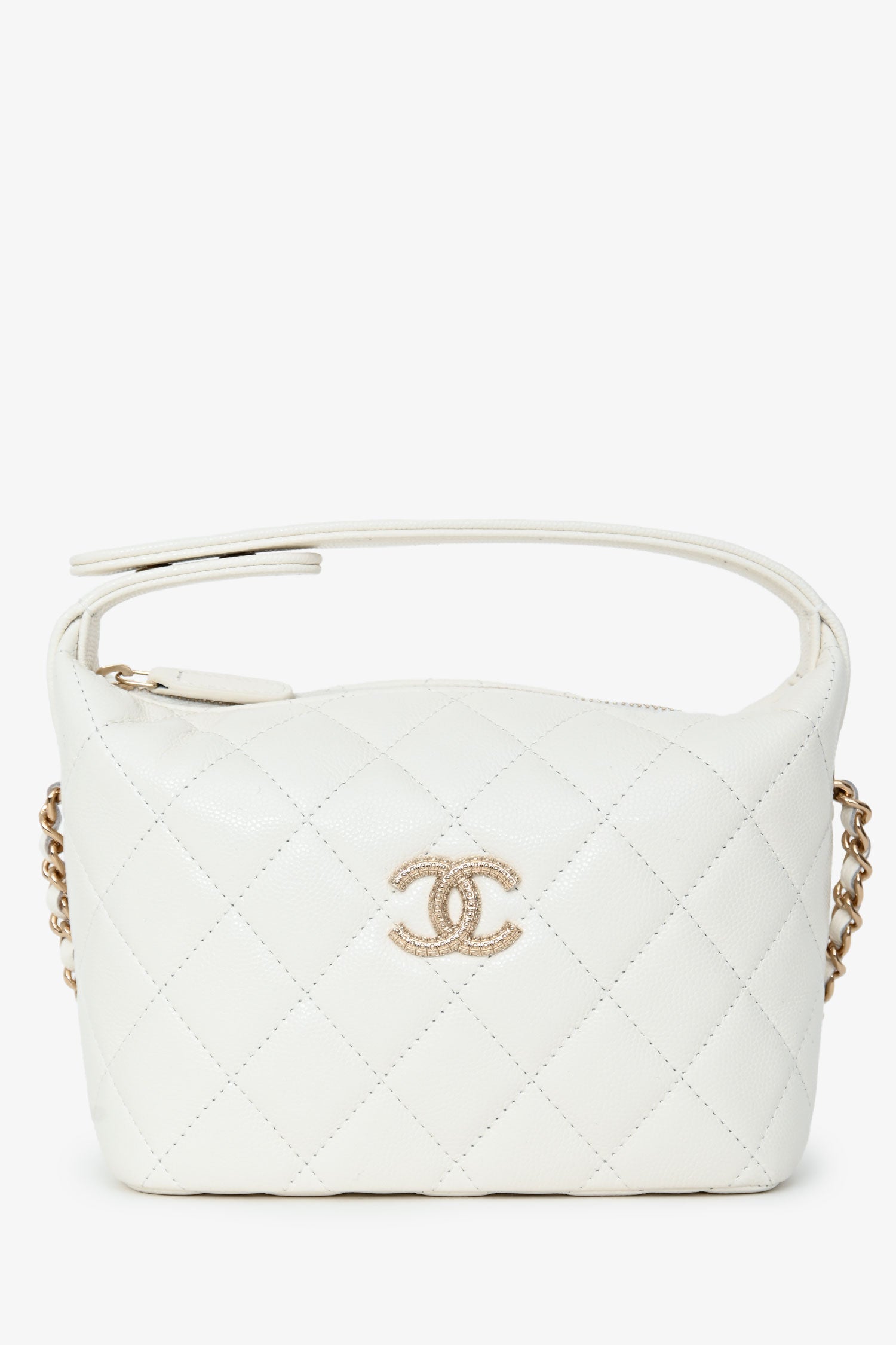 Pre-Loved Chanel™ White Caviar Leather Small Quilted Hobo with Removable Chain