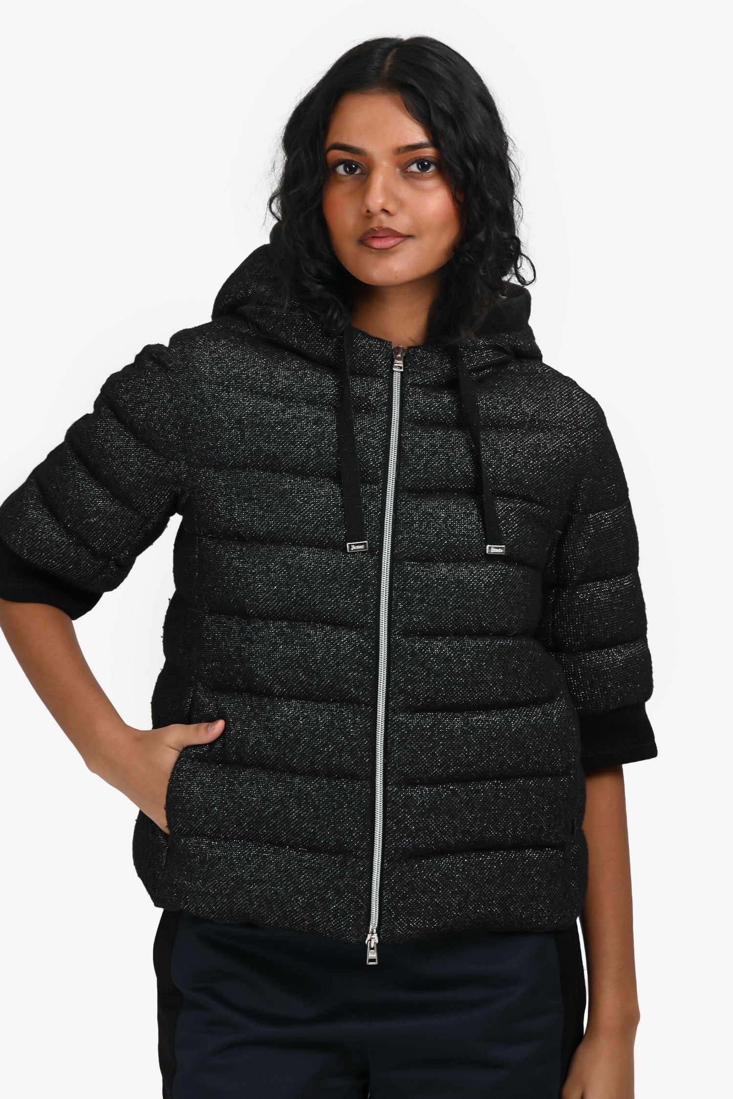 Herno Black Sparkled 3/4 sleeve Hooded Puffed Jacket Size 38