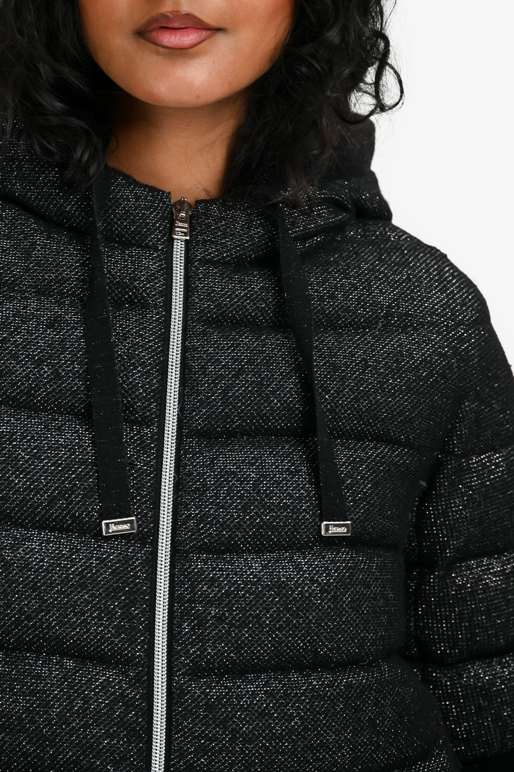 Herno Black Sparkled 3/4 sleeve Hooded Puffed Jacket Size 38