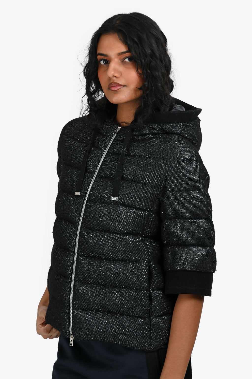 Herno Black Sparkled 3/4 sleeve Hooded Puffed Jacket Size 38