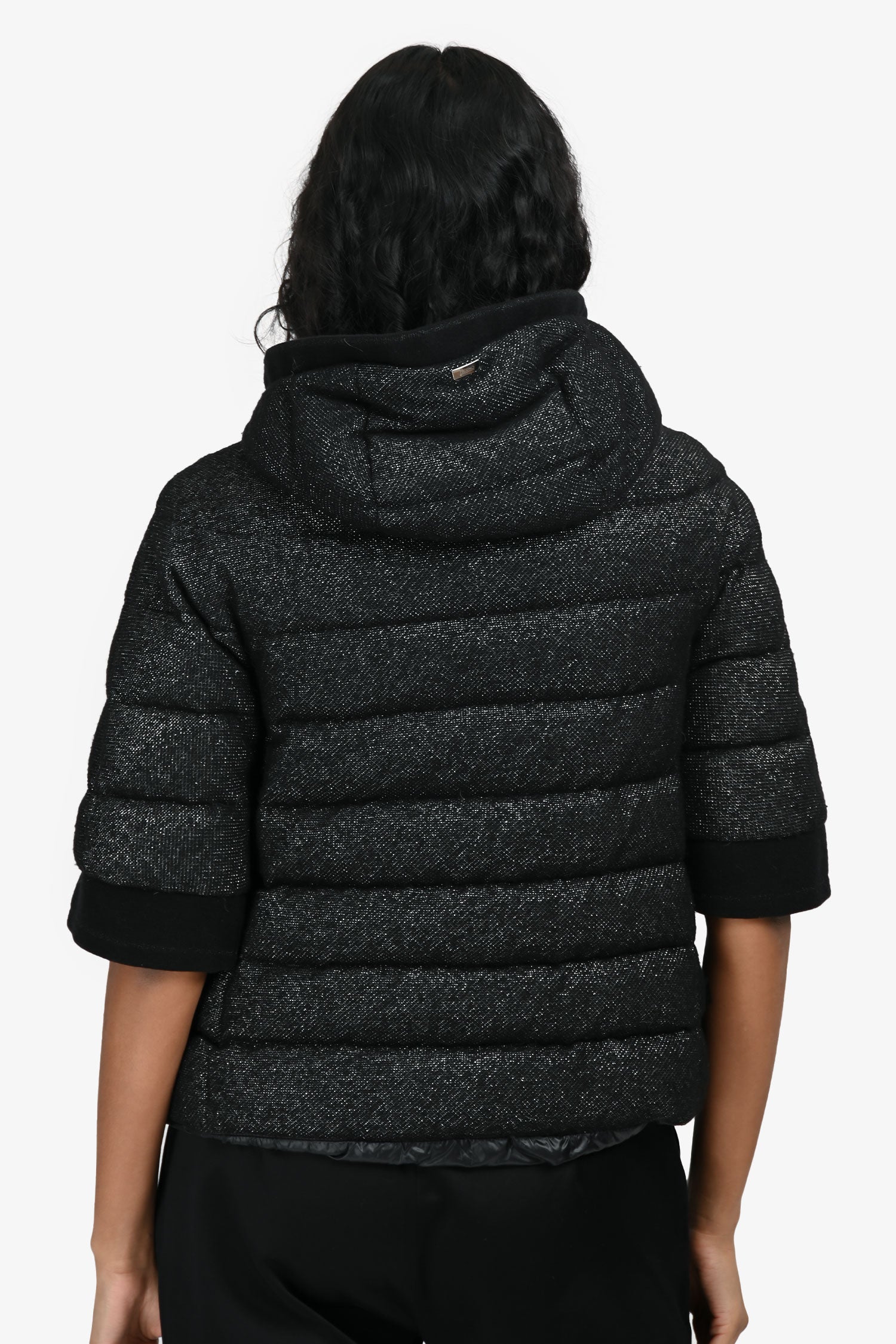 Herno Black Sparkled 3/4 sleeve Hooded Puffed Jacket Size 38