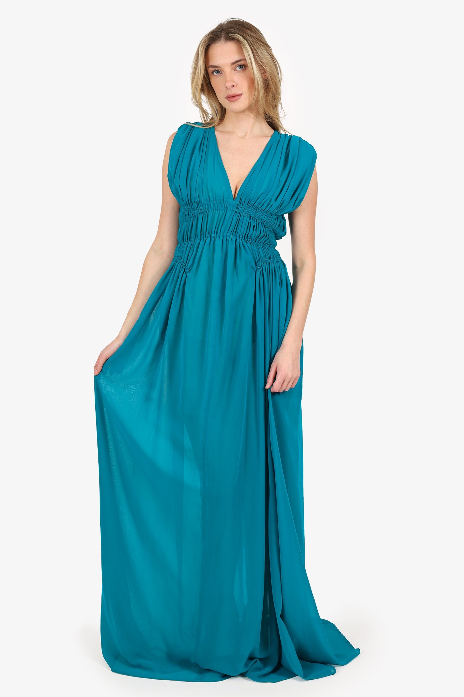 Greta Constantine Blue Ruched Short Sleeve Maxi Dress Estimated Size M