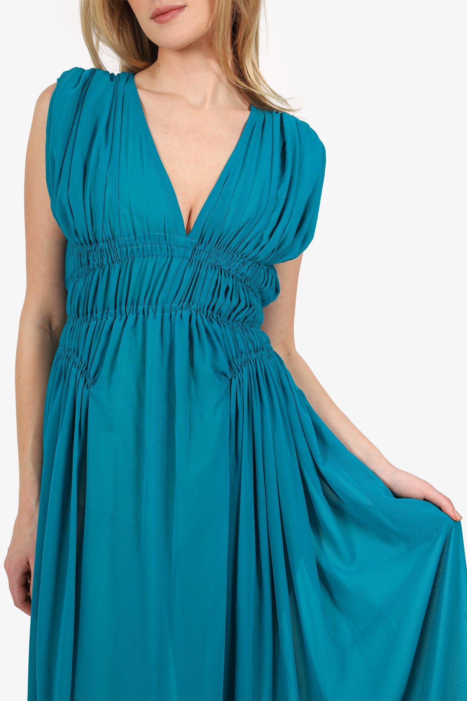 Greta Constantine Blue Ruched Short Sleeve Maxi Dress Estimated Size M
