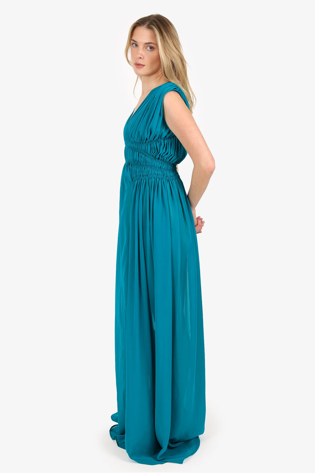 Greta Constantine Blue Ruched Short Sleeve Maxi Dress Estimated Size M