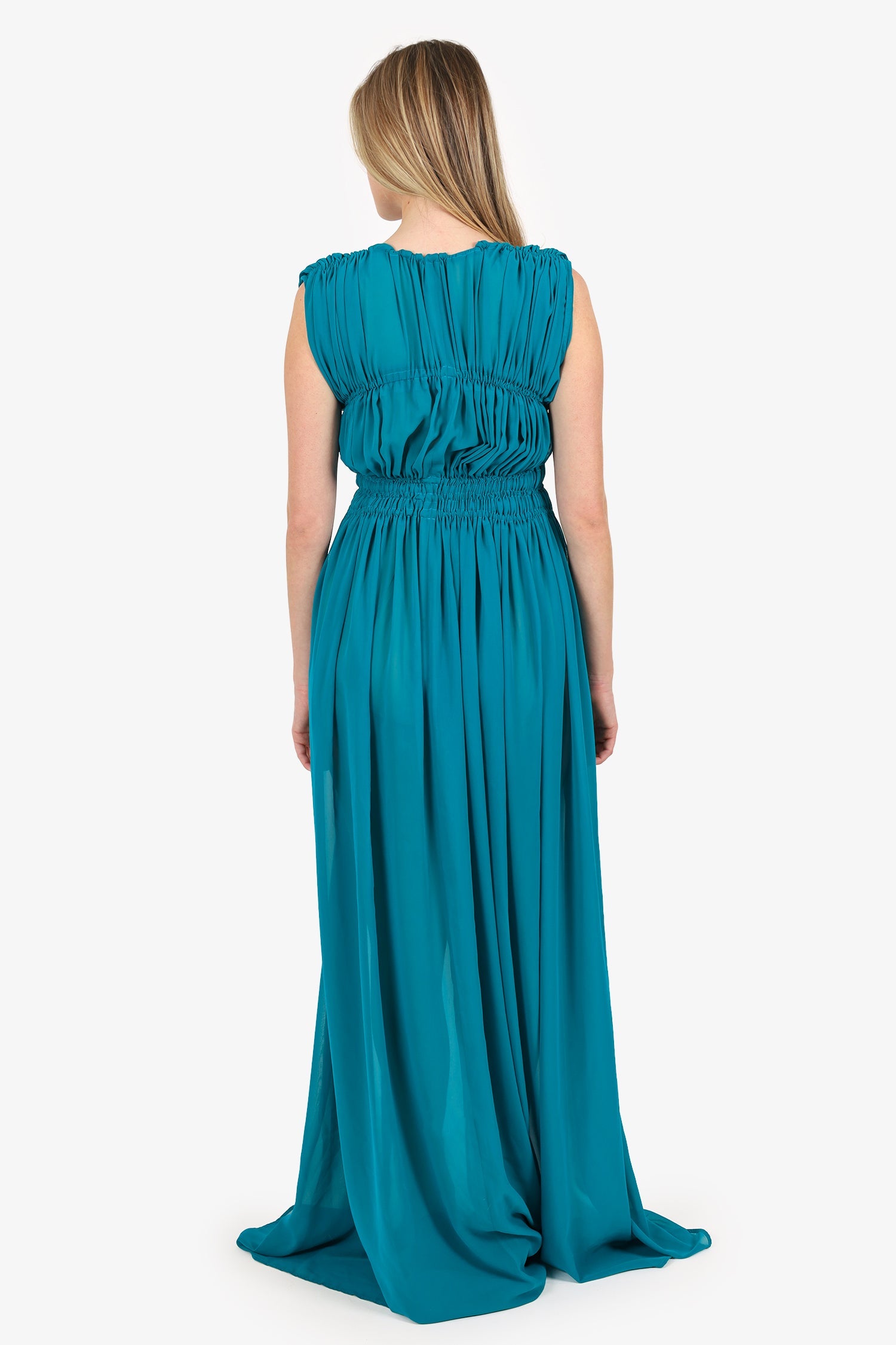 Greta Constantine Blue Ruched Short Sleeve Maxi Dress Estimated Size M