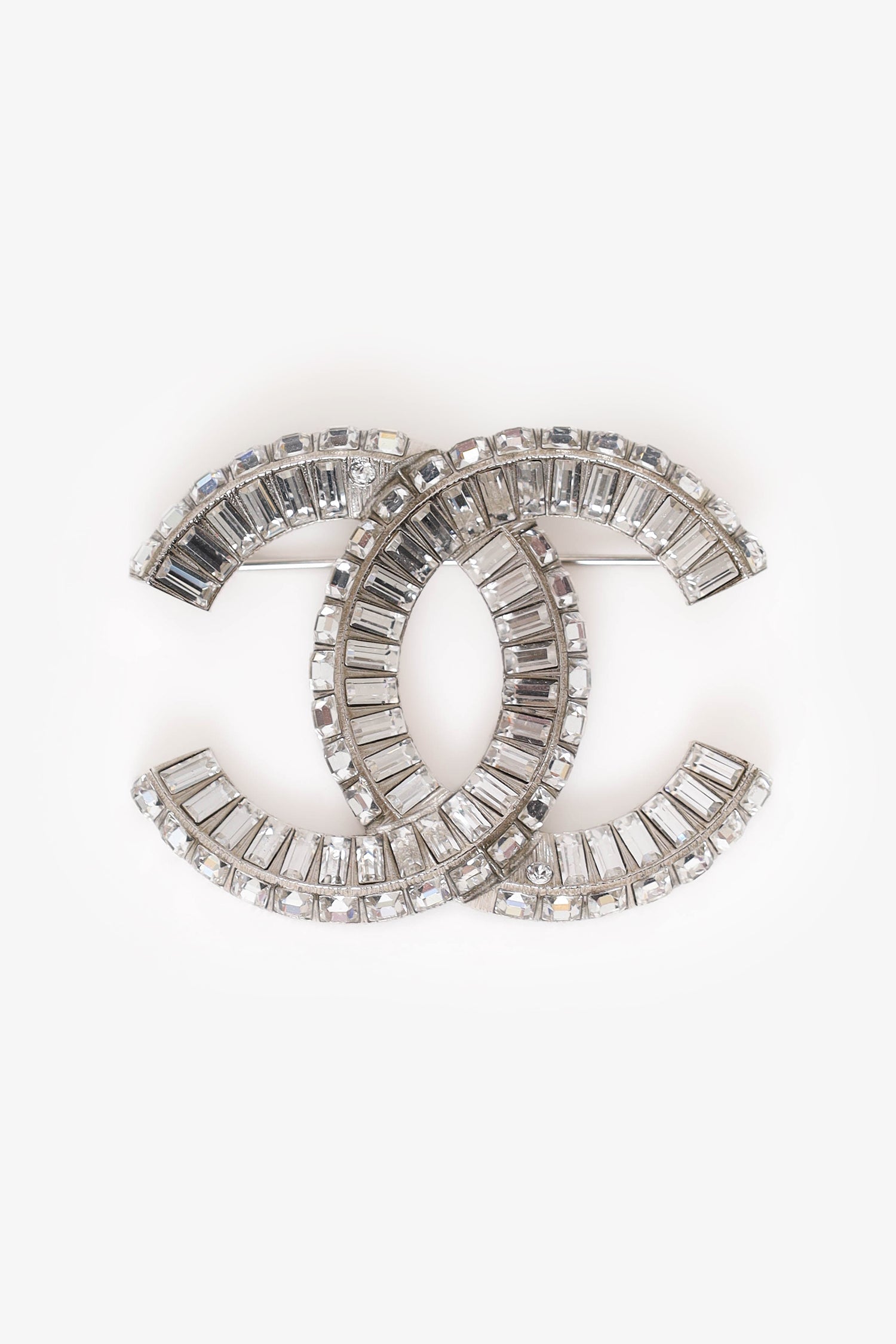 Pre-Loved Chanel™ Silver Tone Crystal Embellished CC Brooch