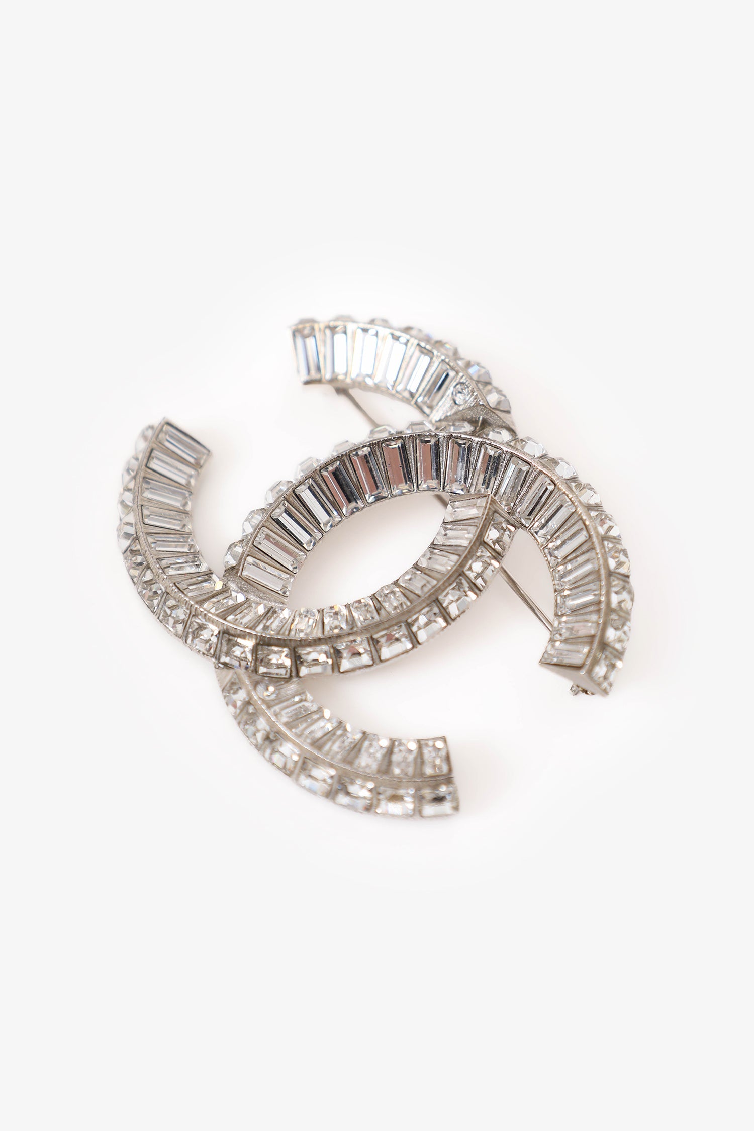 Pre-Loved Chanel™ Silver Tone Crystal Embellished CC Brooch