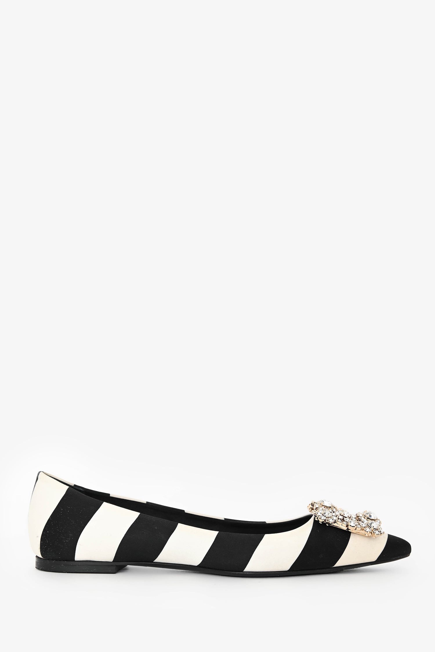 Roger Vivier Black/White Satin Striped Crystal Buckle Flats Size 36