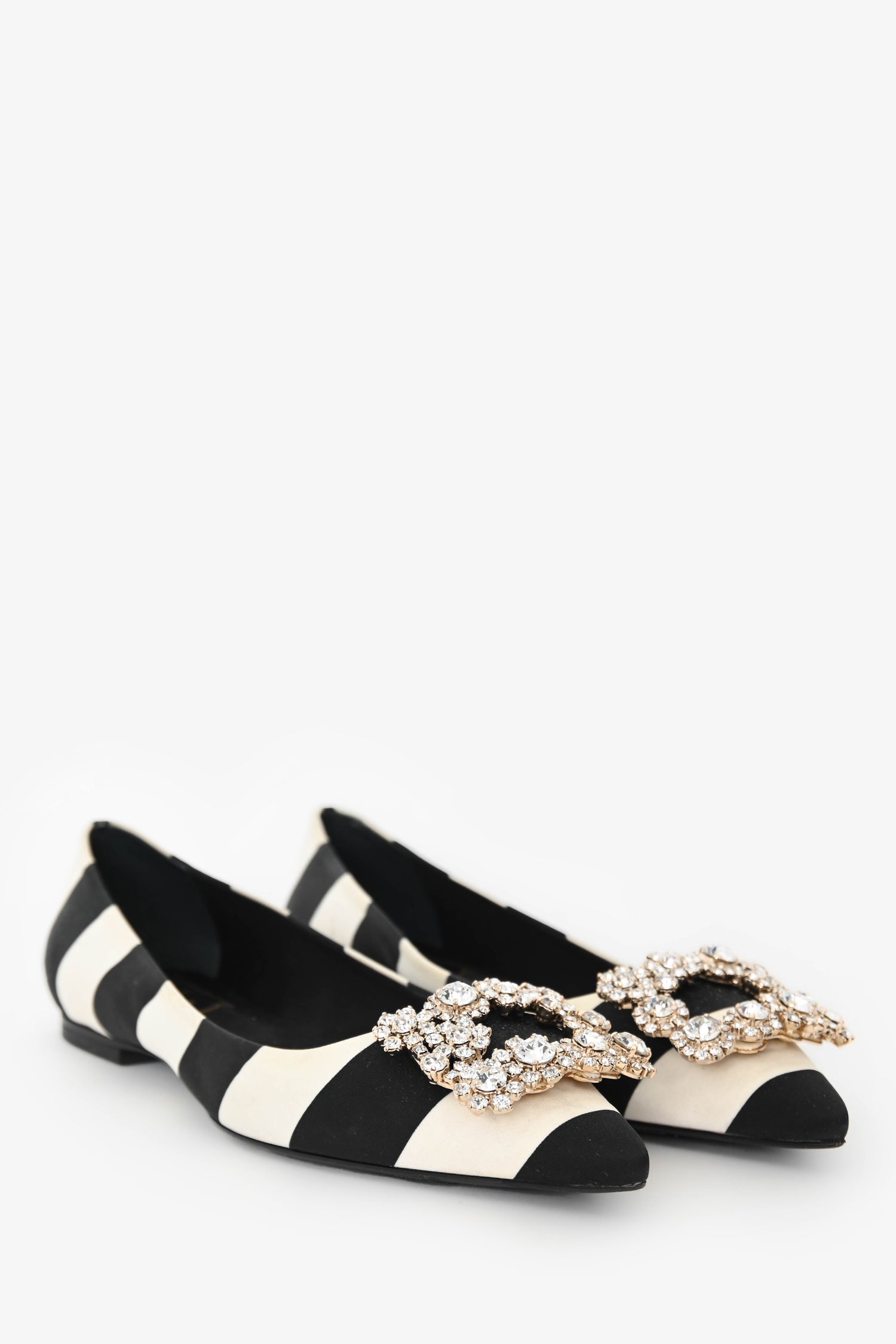 Roger Vivier Black/White Satin Striped Crystal Buckle Flats Size 36