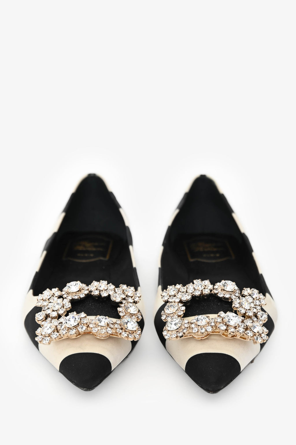 Roger Vivier Black/White Satin Striped Crystal Buckle Flats Size 36