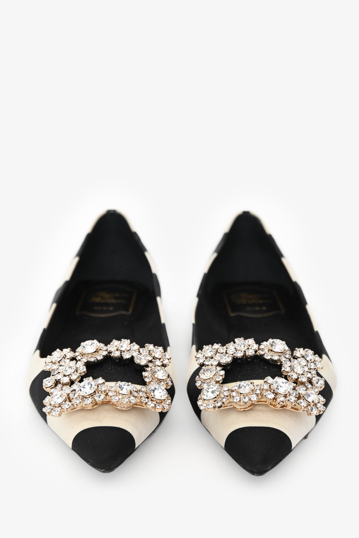 Roger Vivier Black/White Satin Striped Crystal Buckle Flats Size 36