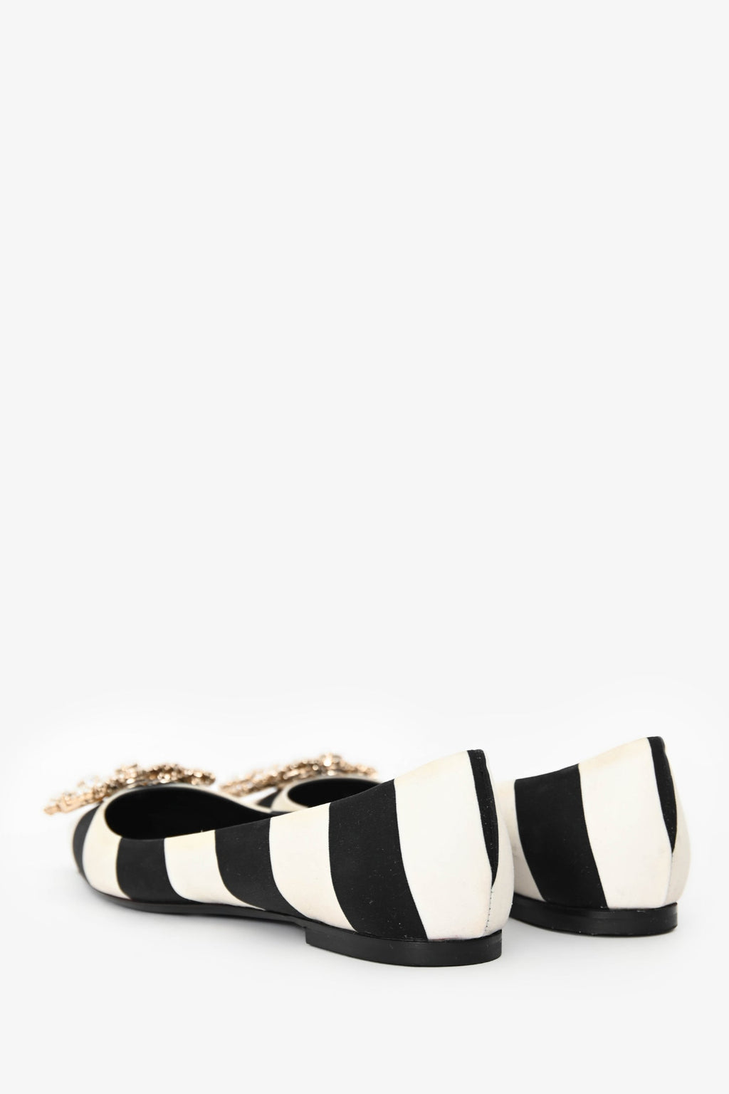 Roger Vivier Black/White Satin Striped Crystal Buckle Flats Size 36