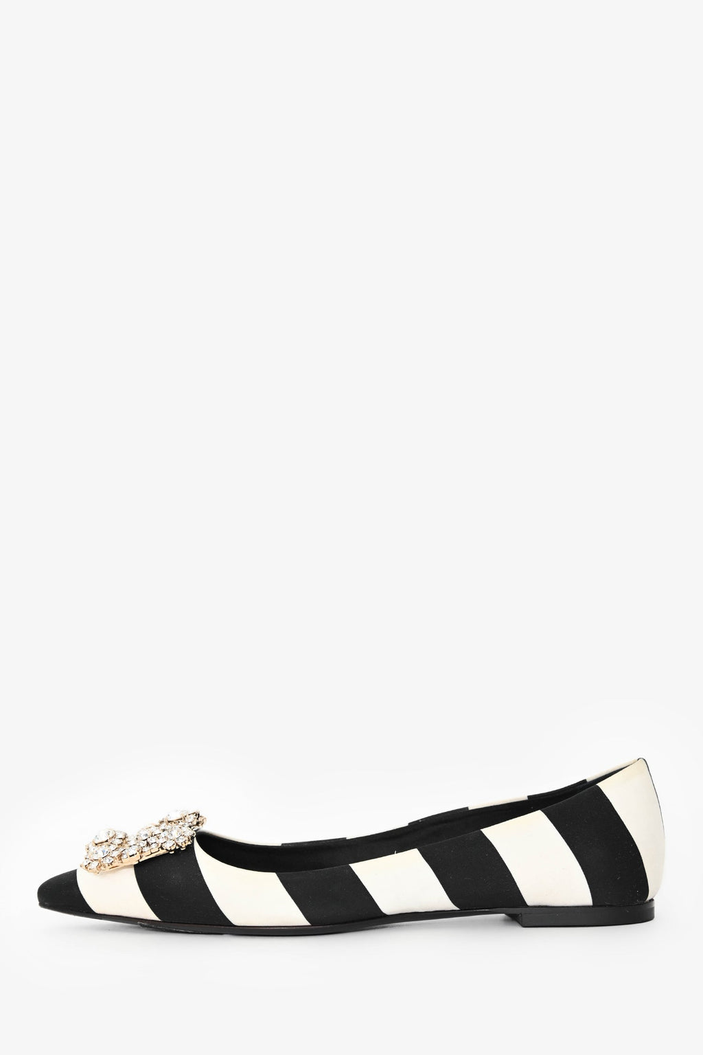 Roger Vivier Black/White Satin Striped Crystal Buckle Flats Size 36