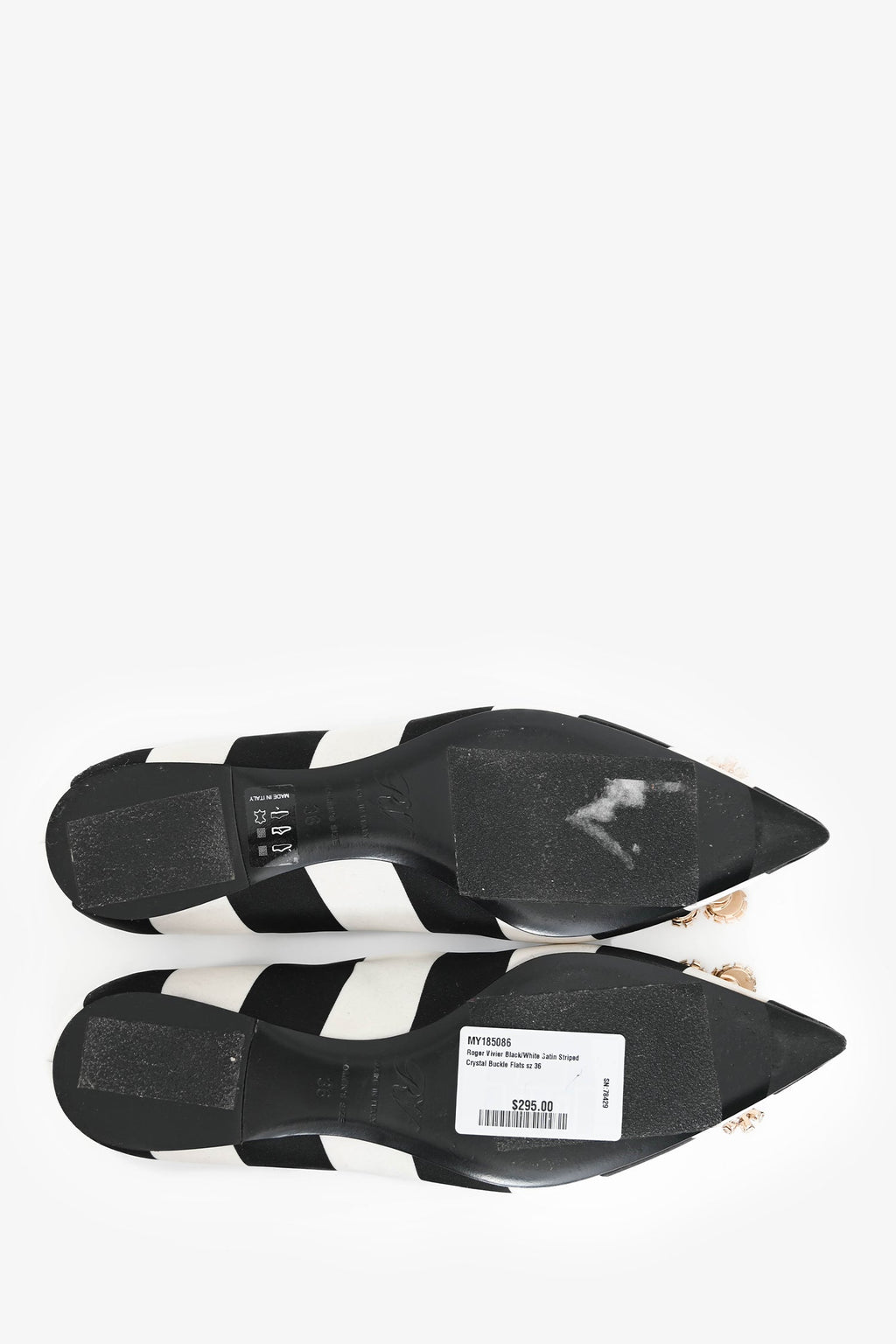 Roger Vivier Black/White Satin Striped Crystal Buckle Flats Size 36