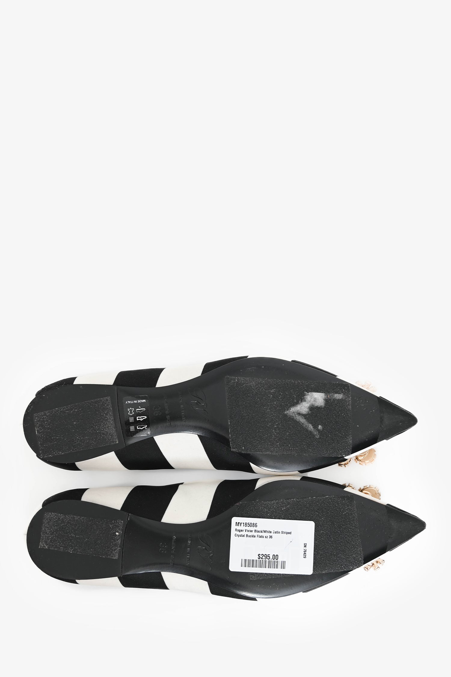 Roger Vivier Black/White Satin Striped Crystal Buckle Flats Size 36