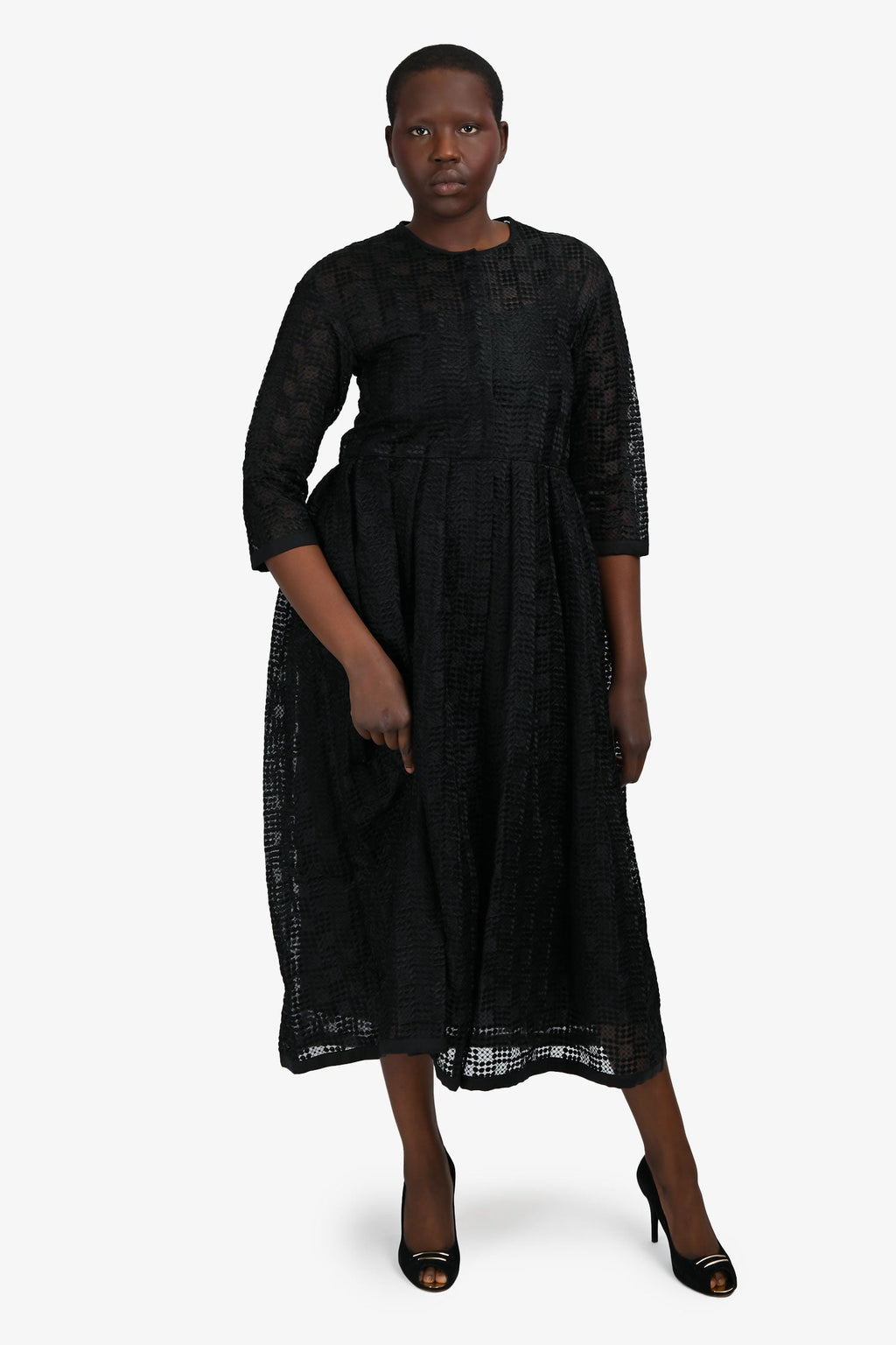 'S Max Mara Black Crochet Button Down 3/4 Sleeve Midi Dress with Slip Size 6