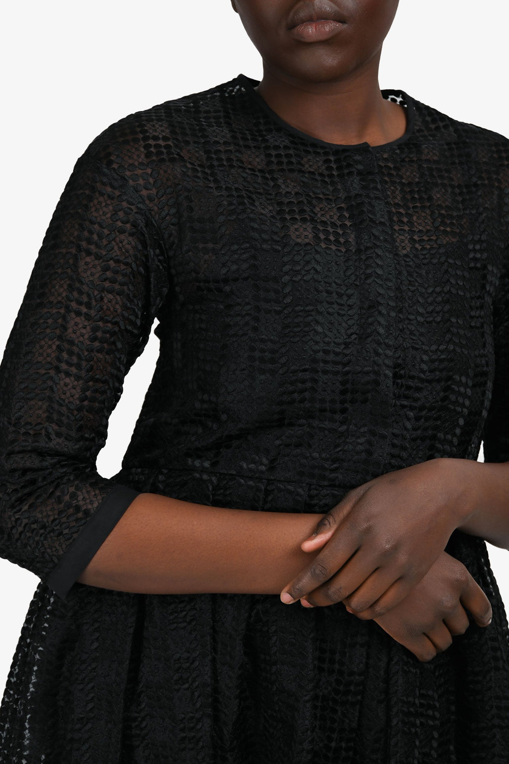 'S Max Mara Black Crochet Button Down 3/4 Sleeve Midi Dress with Slip Size 6