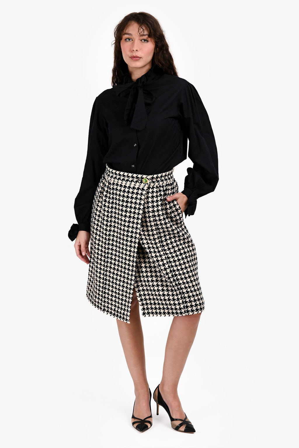 Gucci Black/White Wool/Cotton Blend Houndstooth Midi Skirt Size 42