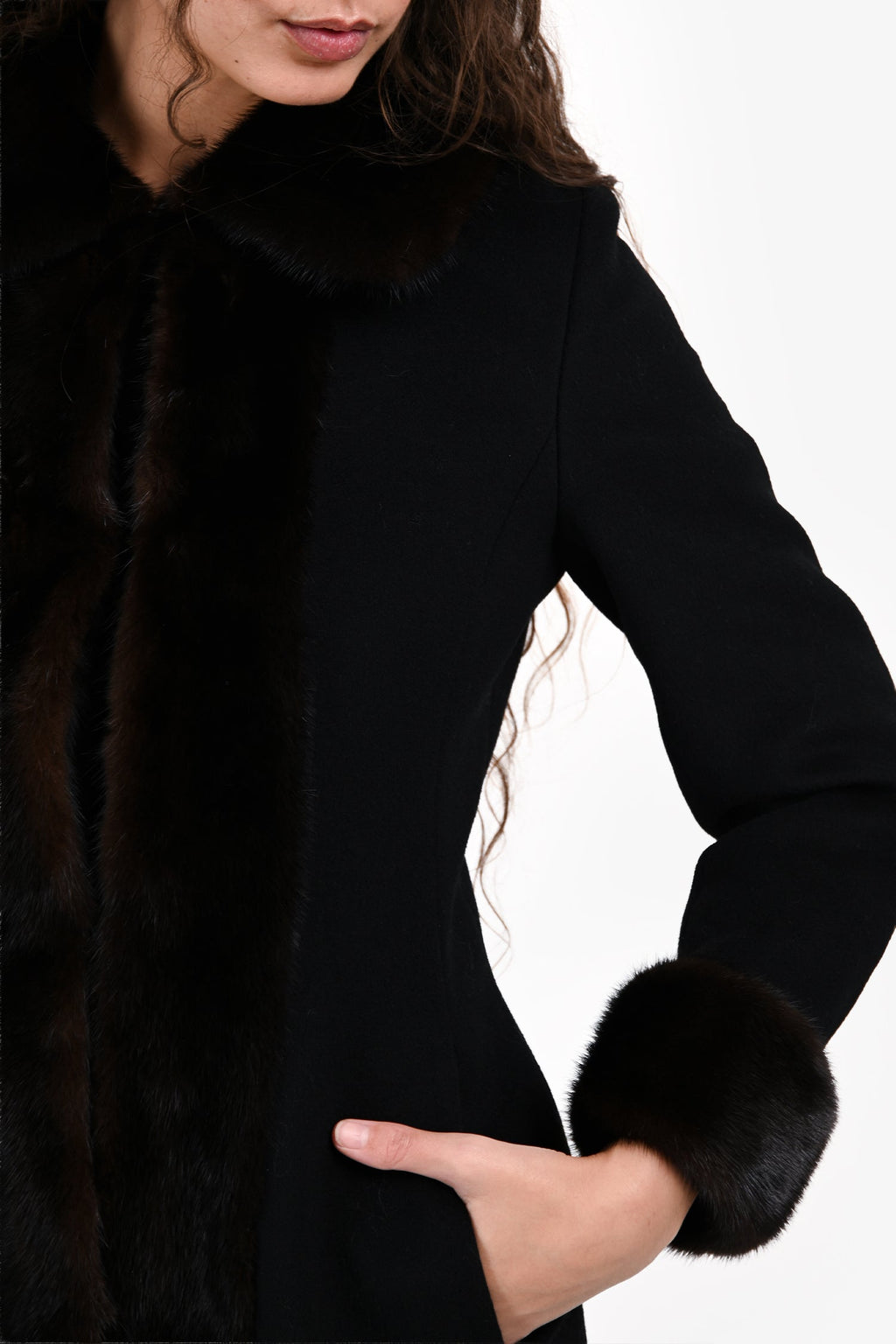 Max Mara Black Wool/Mink Fur Trim Long Coat Size 4