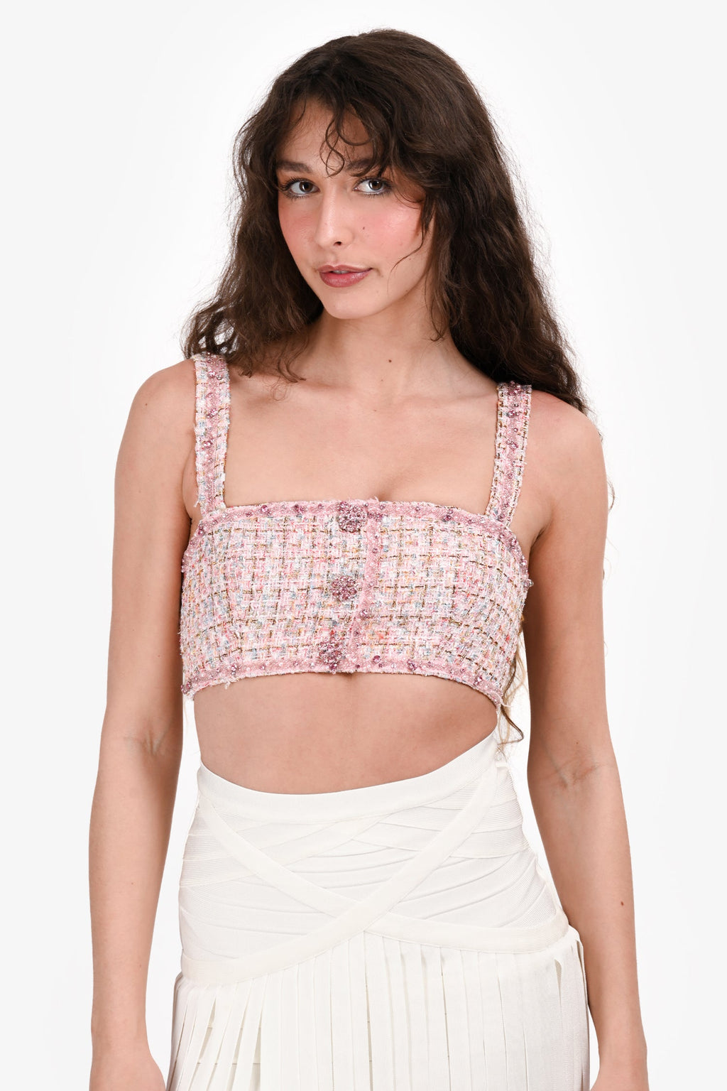 Self-Portrait Pink/Multicolour Tweed Crystal Embellished Crop Top Size 2