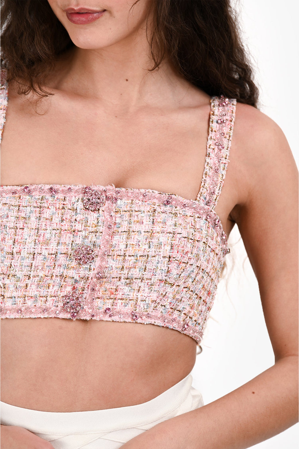 Self-Portrait Pink/Multicolour Tweed Crystal Embellished Crop Top Size 2