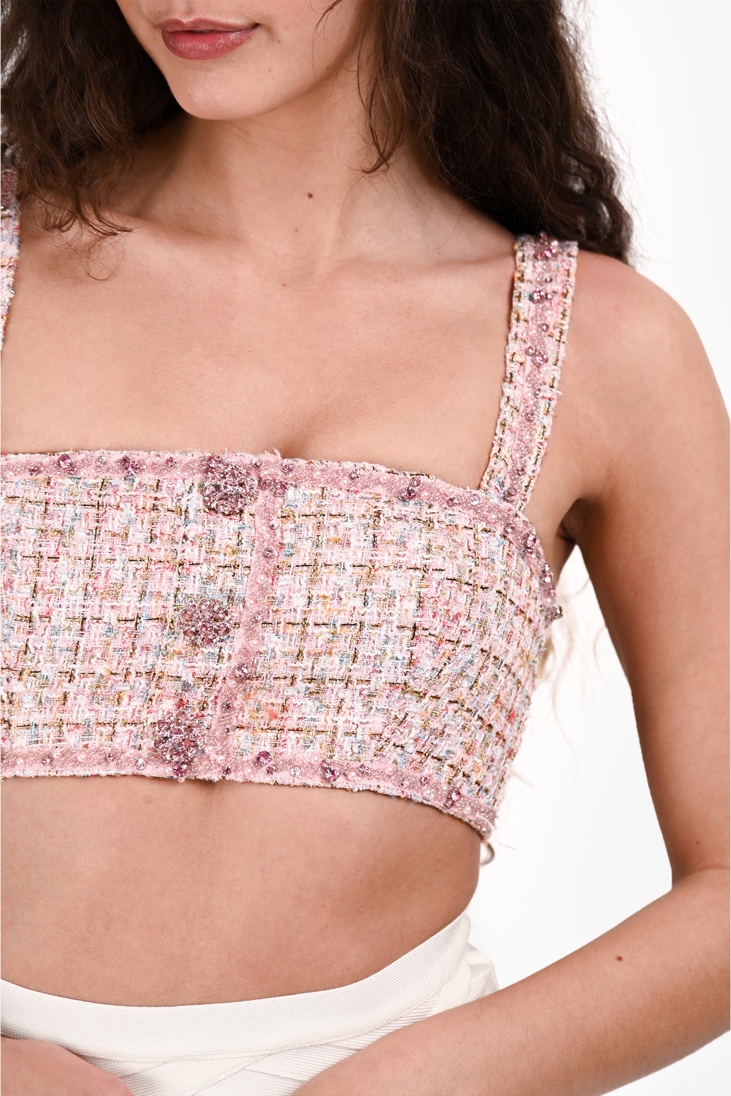 Self-Portrait Pink/Multicolour Tweed Crystal Embellished Crop Top Size 2