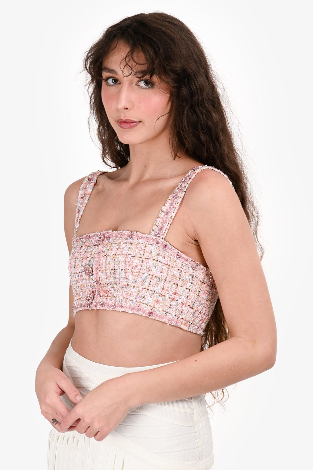Self-Portrait Pink/Multicolour Tweed Crystal Embellished Crop Top Size 2