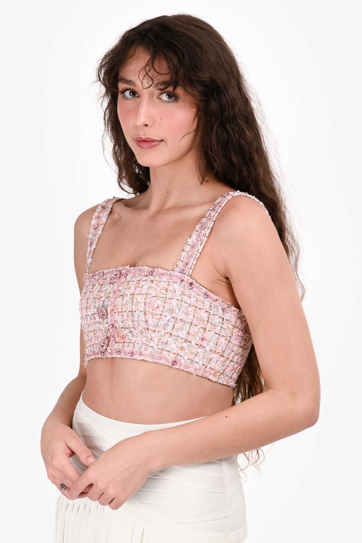 Self-Portrait Pink/Multicolour Tweed Crystal Embellished Crop Top Size 2