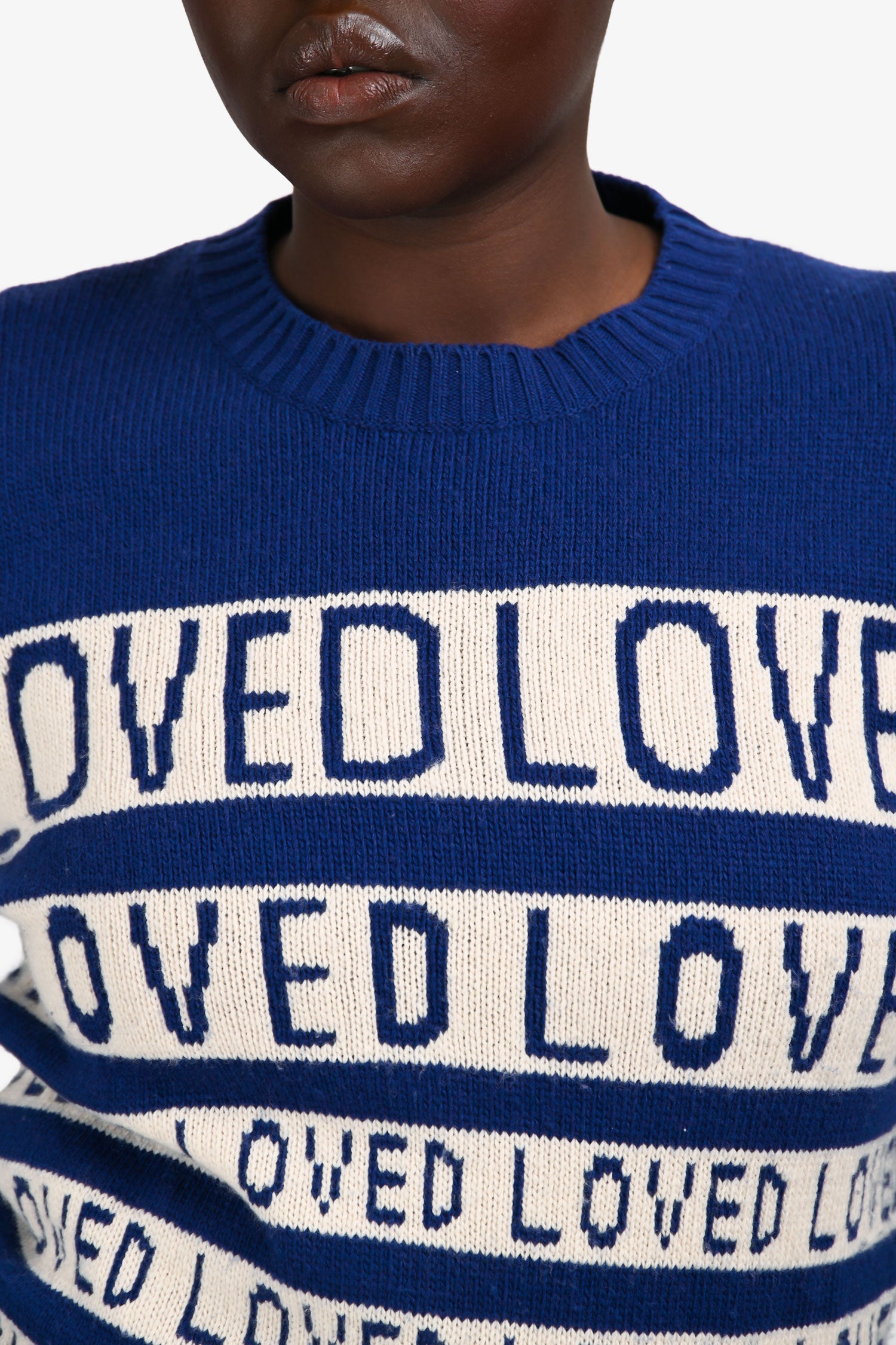 Gucci Blue/White Wool 'Loved' Long Sleeve Crewneck Sweater Size S