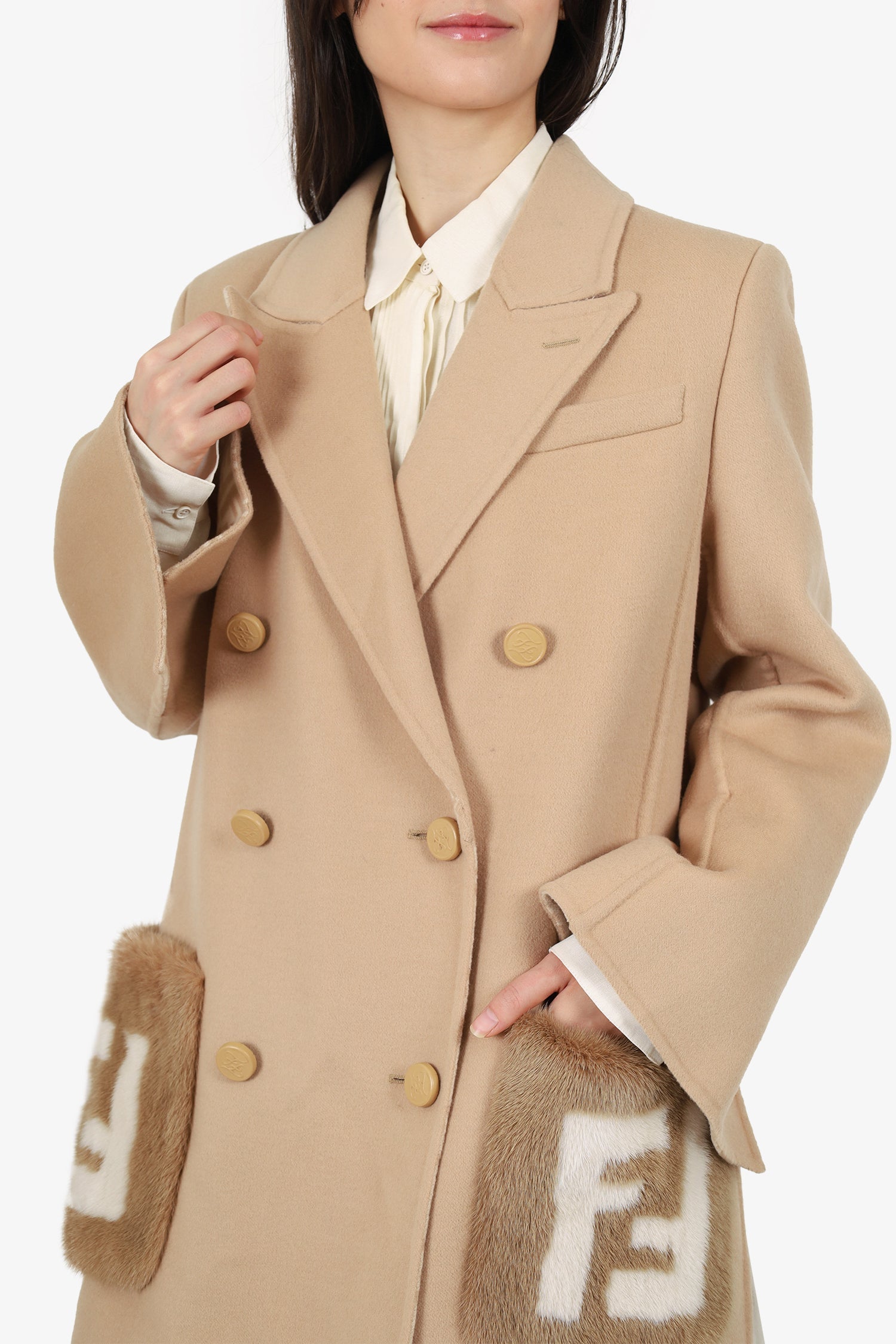 Fendi 2025 Beige Wool Mink FF Fur Pocket Coat Size 40