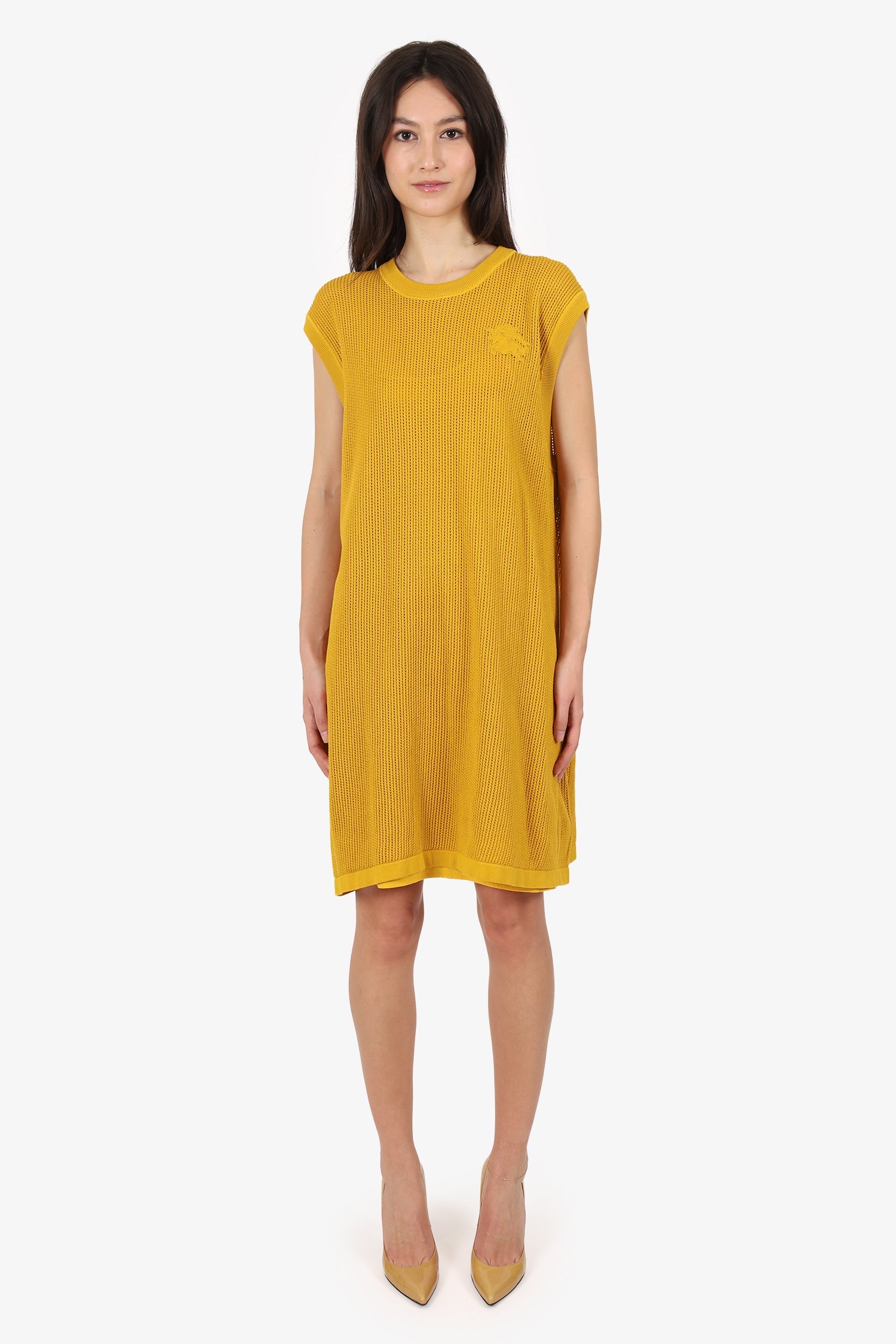 Burberry Yellow Cotton Knit Mesh Logo Sleeveless Dress Size XL