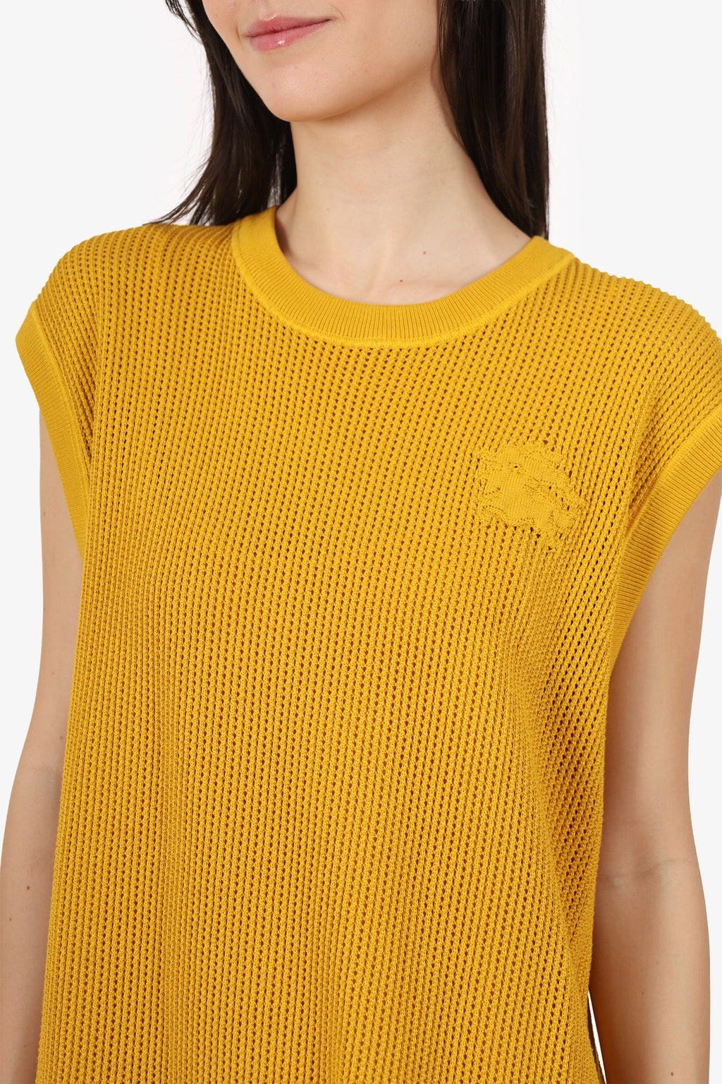 Burberry Yellow Cotton Knit Mesh Logo Sleeveless Dress Size XL