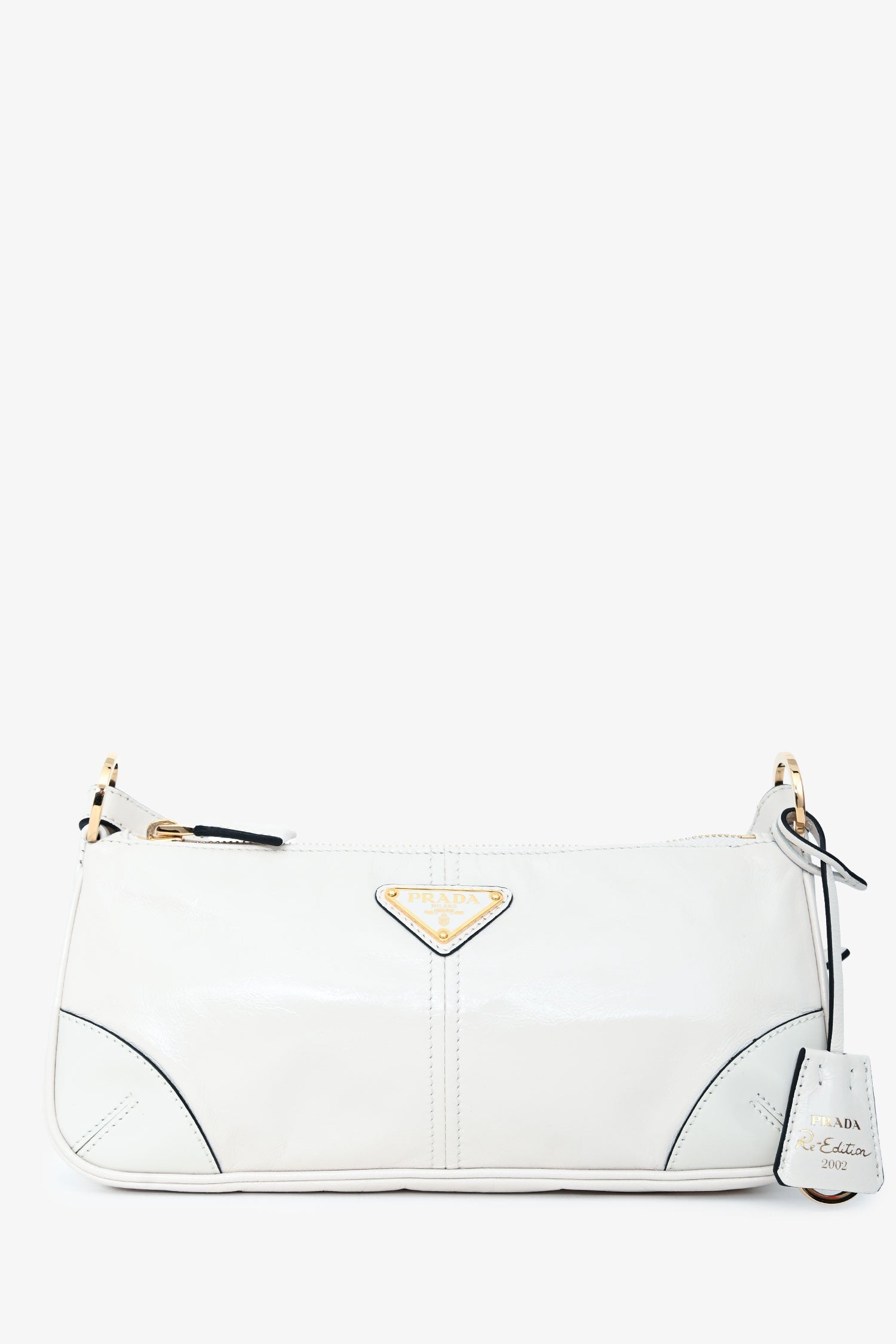 Prada White Leather 'Re-Edition 2002' Medium Shoulder Bag with Chain