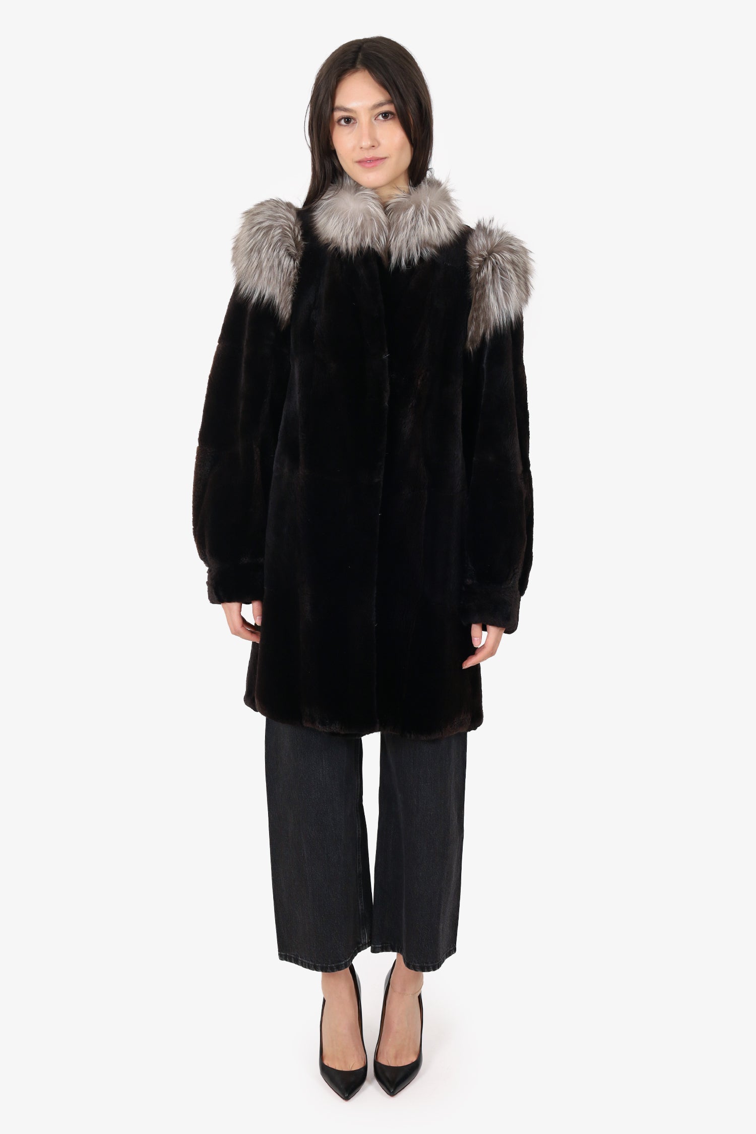 Vintage Black Canadian Sheared Muskrat & Fox Fur Coat Size 6