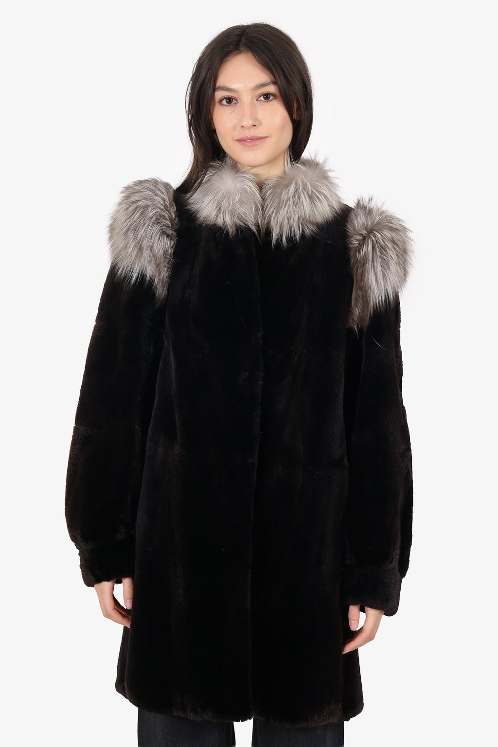 Vintage Black Canadian Sheared Muskrat & Fox Fur Coat Size 6