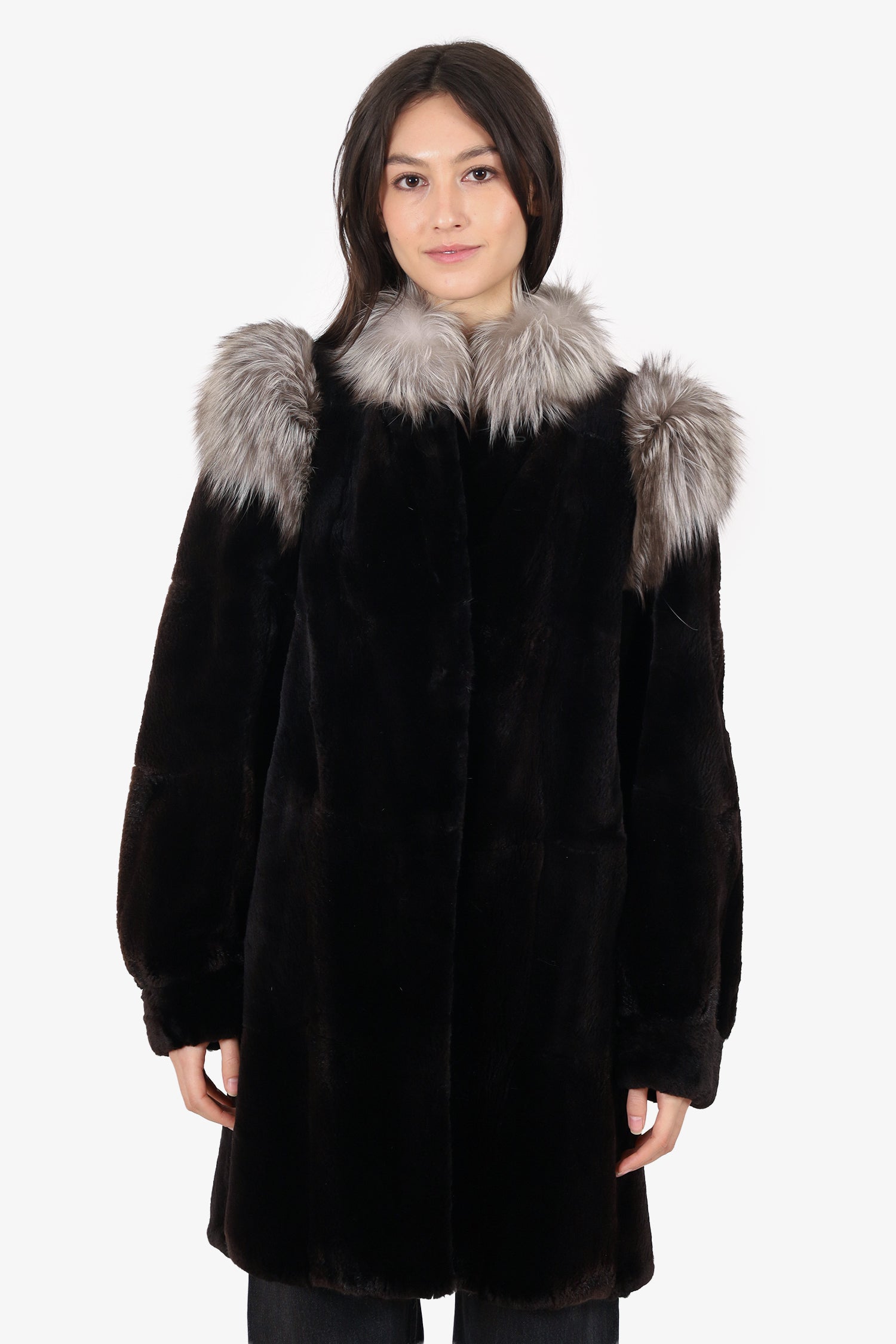 Vintage Black Canadian Sheared Muskrat & Fox Fur Coat Size 6