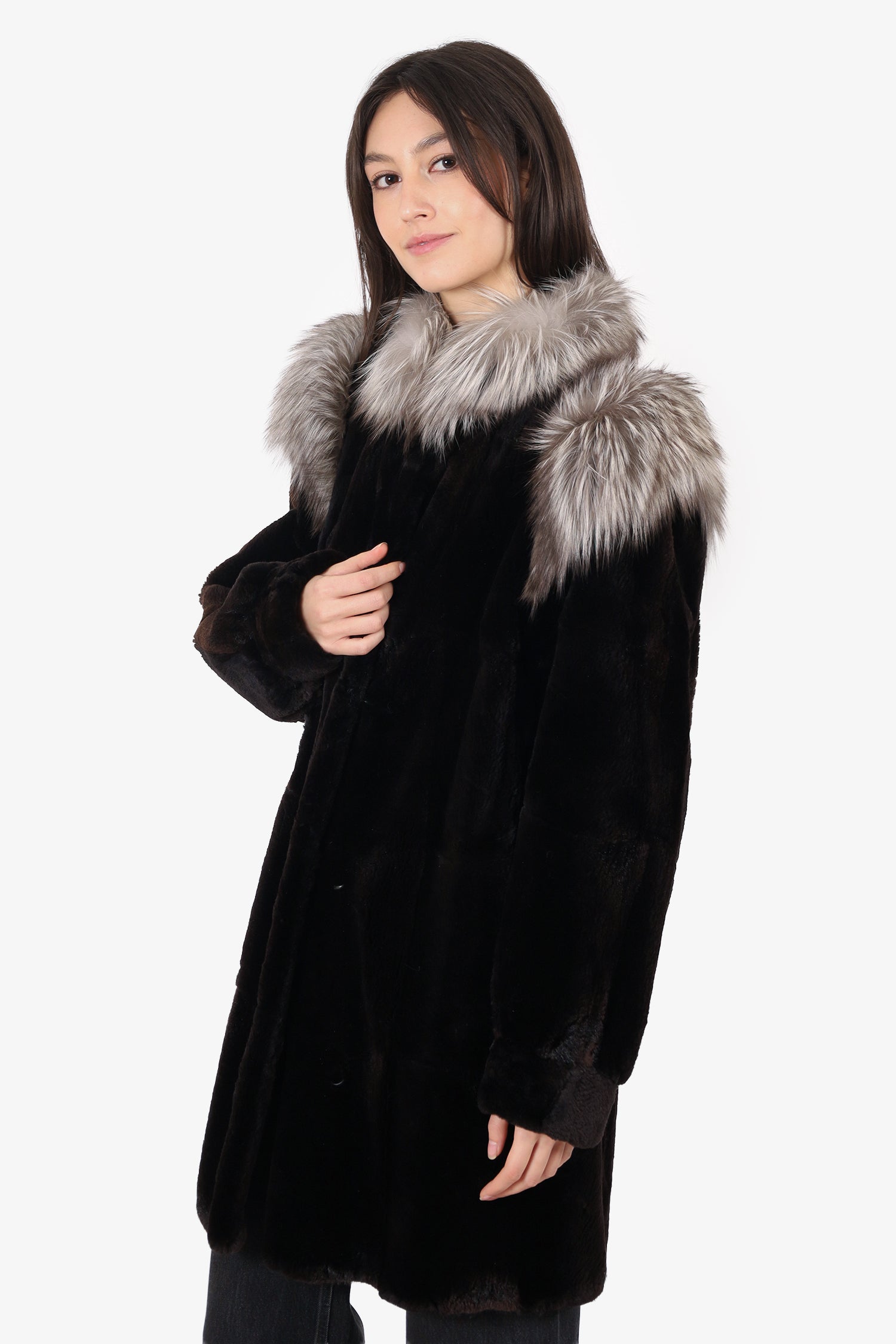 Vintage Black Canadian Sheared Muskrat & Fox Fur Coat Size 6