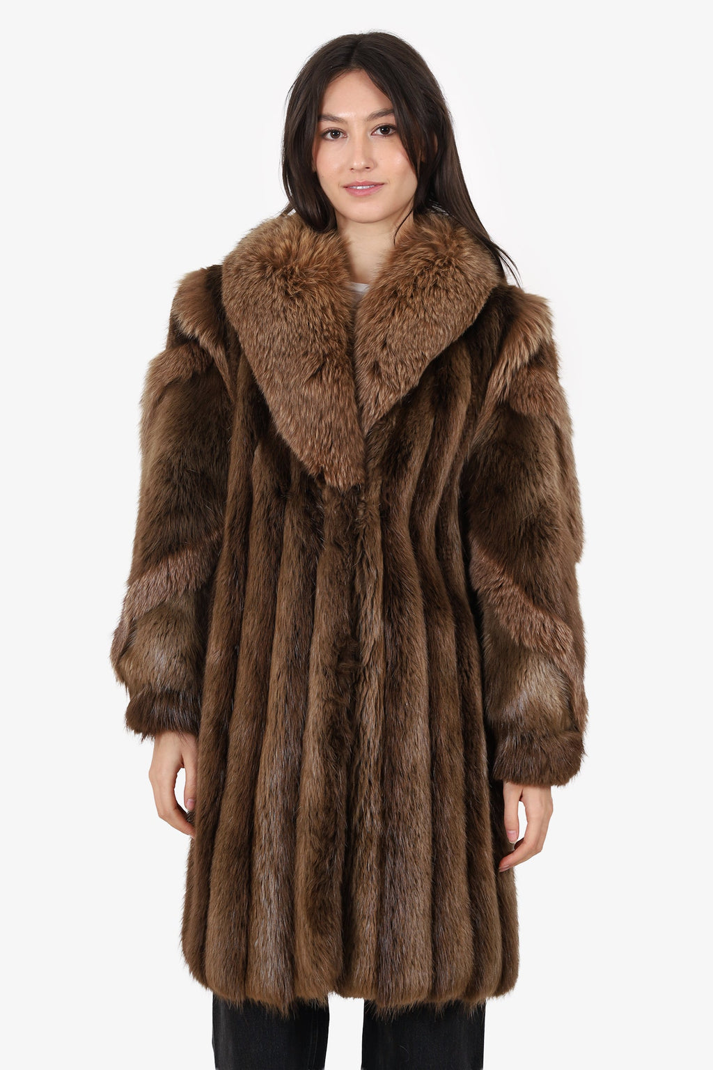 Vintage Brown Long Haired Beaver Fox Fur Coat Jacket Women Size 6