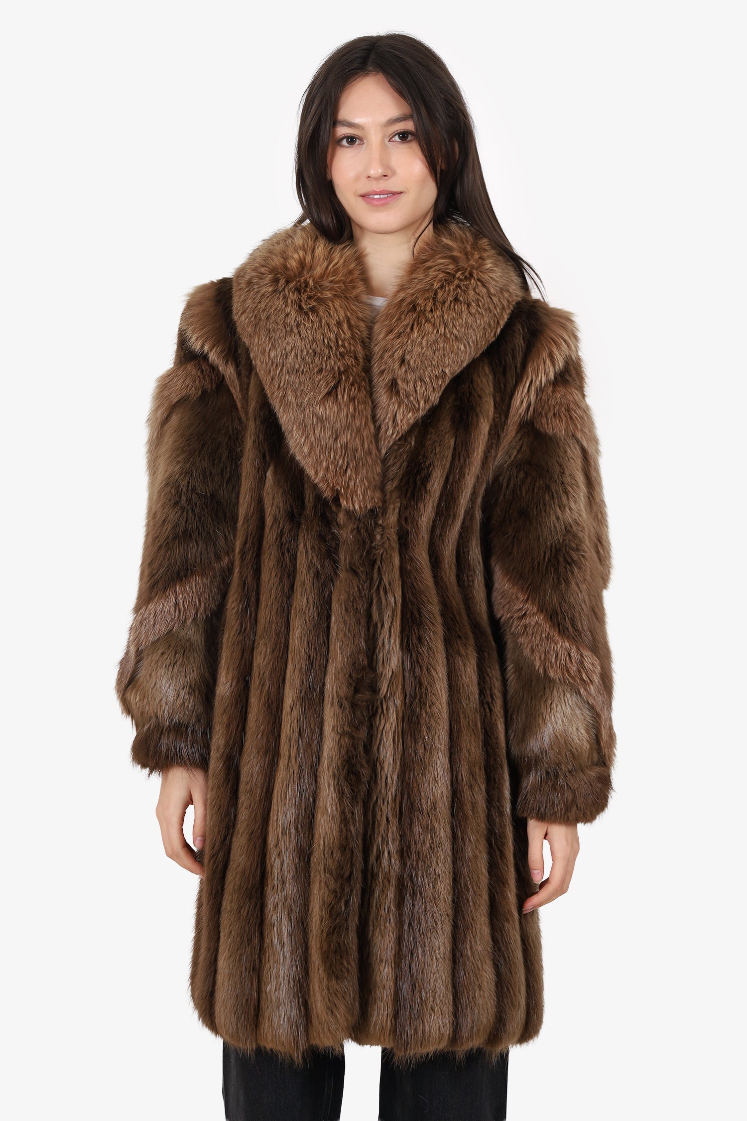 Vintage Brown Long Haired Beaver Fox Fur Coat Jacket Women Size 6