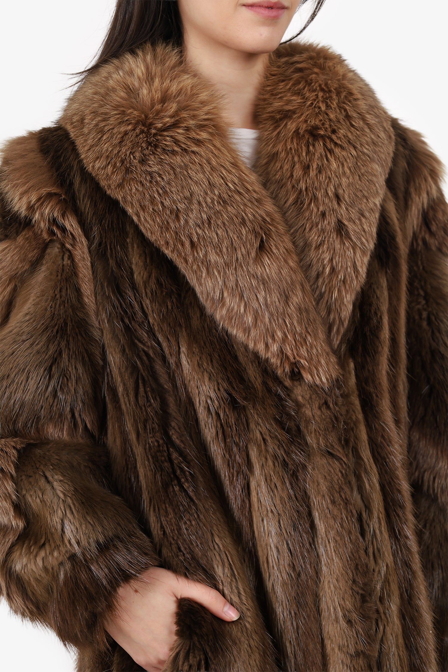 Vintage Brown Long Haired Beaver Fox Fur Coat Jacket Women Size 6