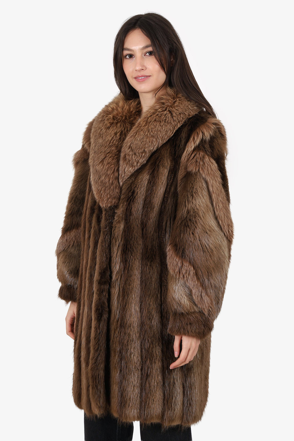 Vintage Brown Long Haired Beaver Fox Fur Coat Jacket Women Size 6