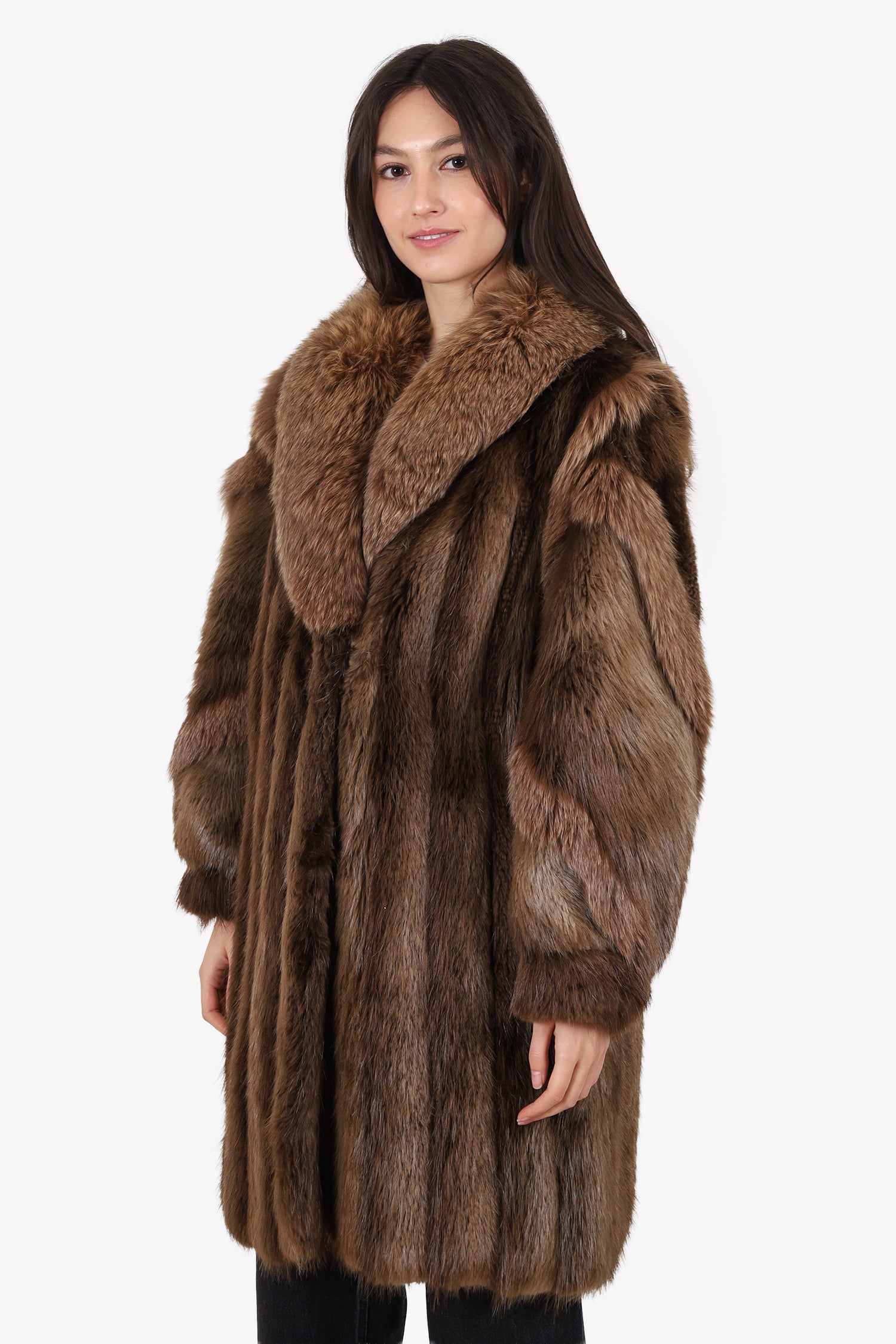 Vintage Brown Long Haired Beaver Fox Fur Coat Jacket Women Size 6