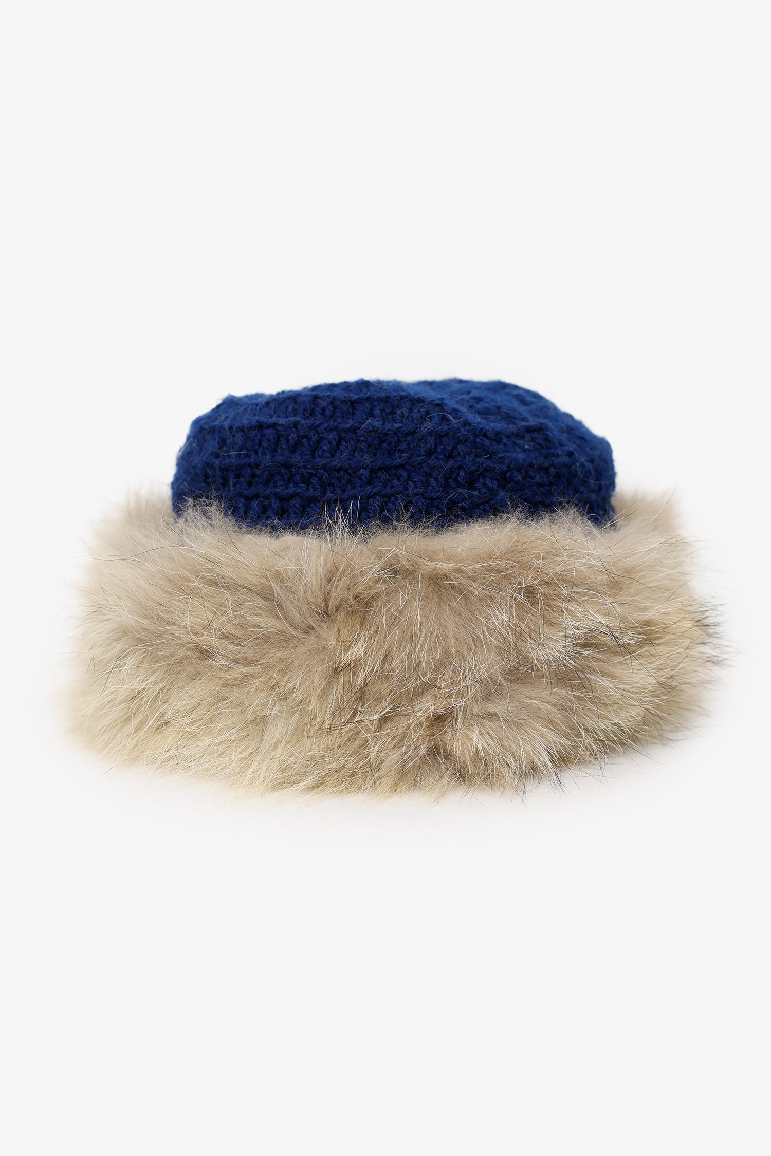 Vintage Coyote Fur & Blue Knitted Hat Cap Women
