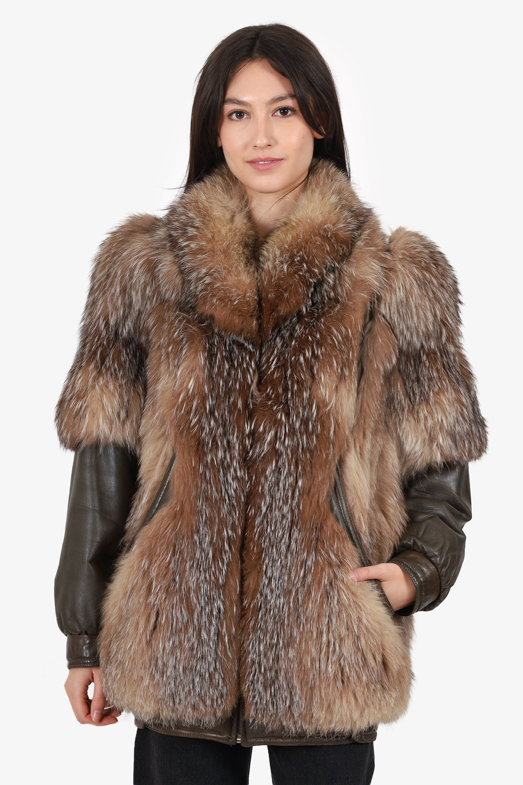 Vintage Crystal Fox Fur & Leather Coat Jacket Size 4