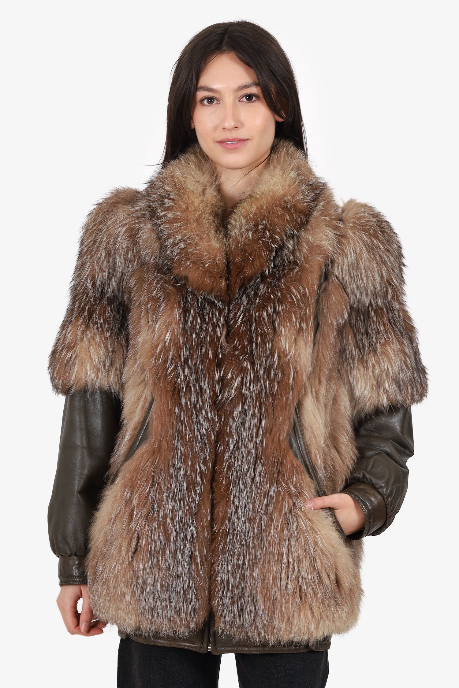 Vintage Crystal Fox Fur & Leather Coat Jacket Size 4