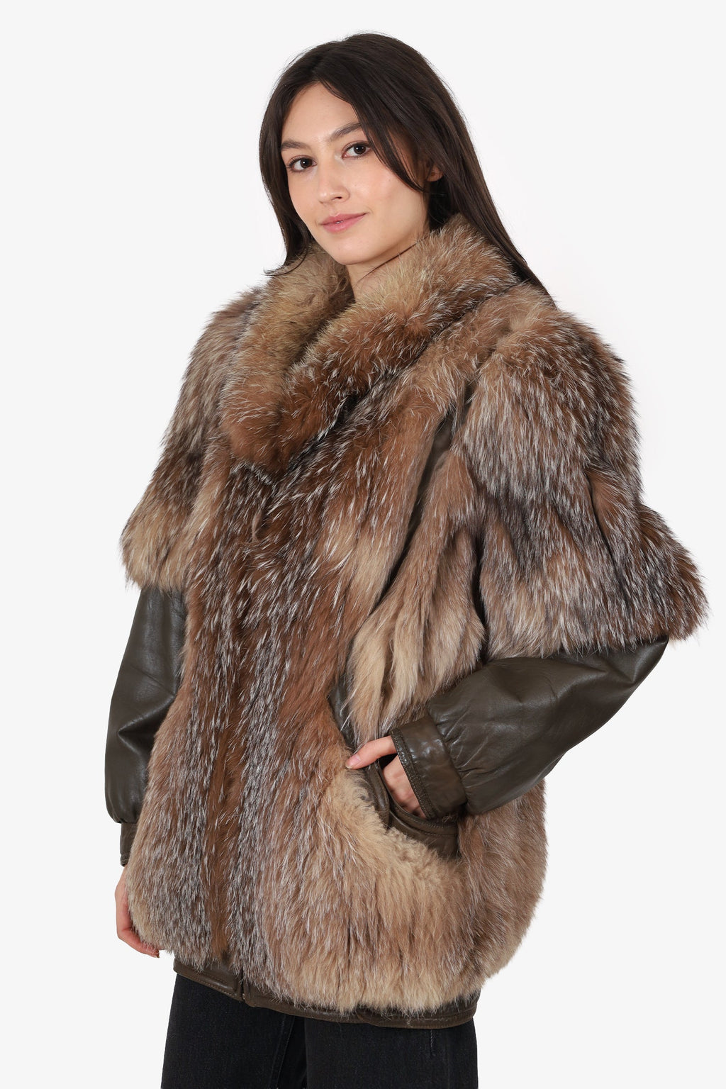 Vintage Crystal Fox Fur & Leather Coat Jacket Size 4
