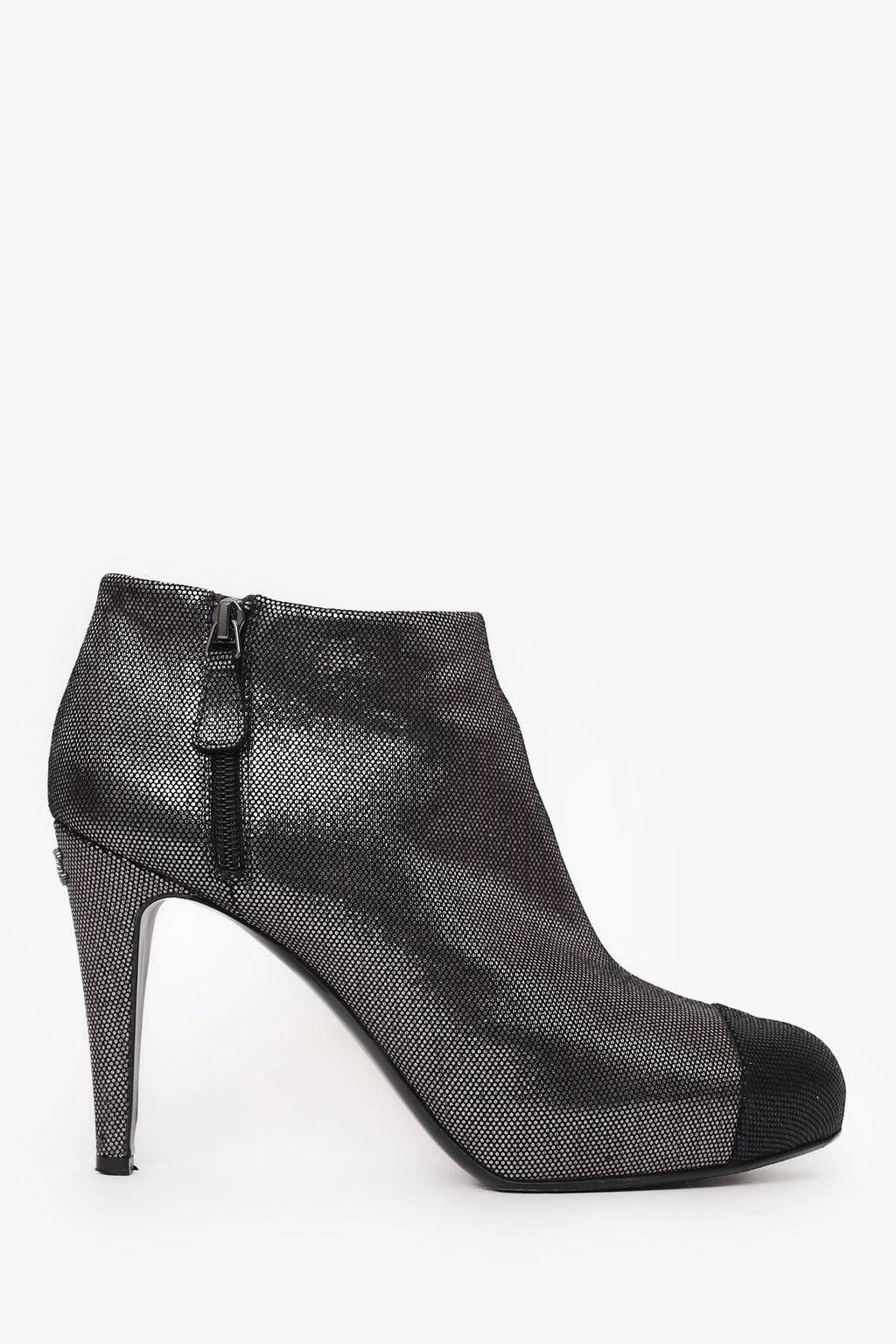 Pre-Loved Chanel™ Gunmetal/Black Cap Toe Ankle Booties Size 41.5