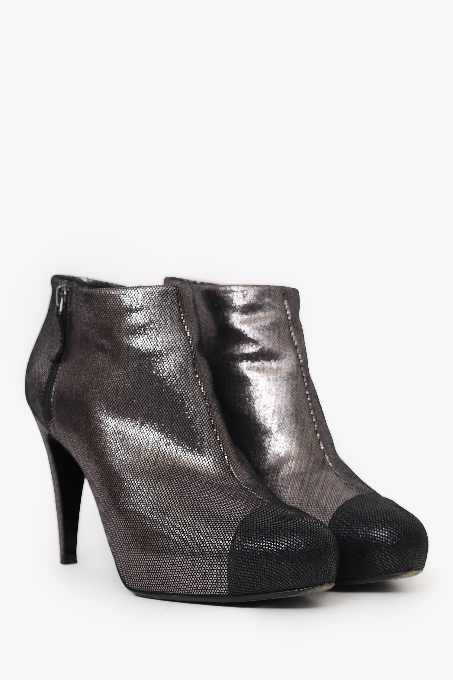 Pre-Loved Chanel™ Gunmetal/Black Cap Toe Ankle Booties Size 41.5