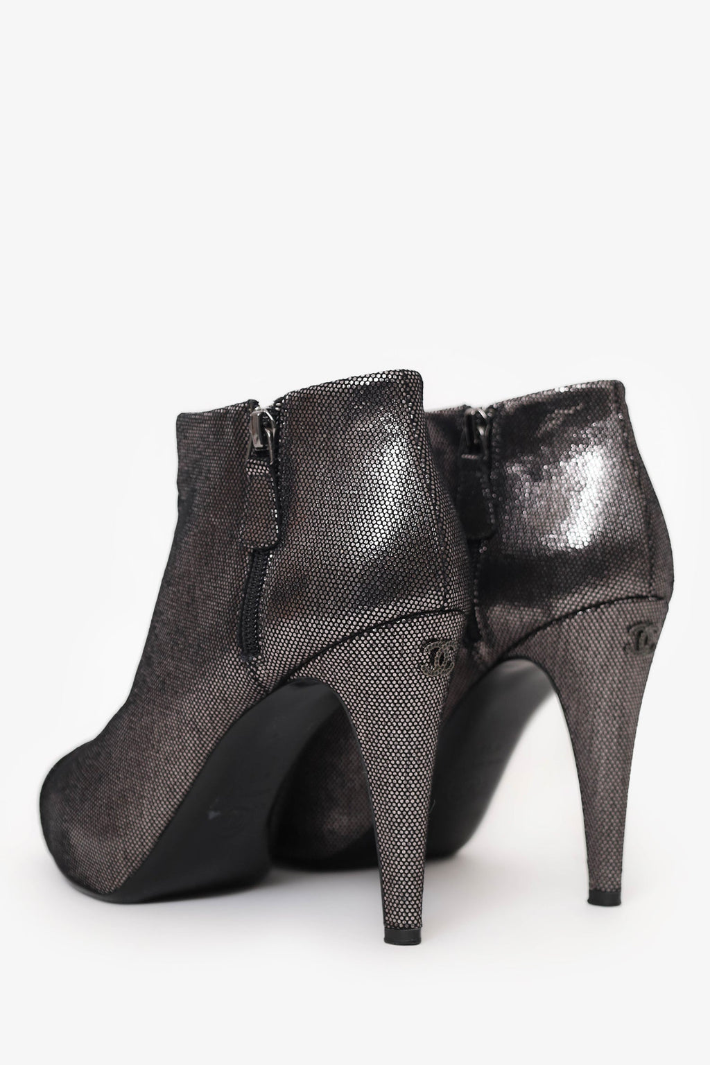 Pre-Loved Chanel™ Gunmetal/Black Cap Toe Ankle Booties Size 41.5