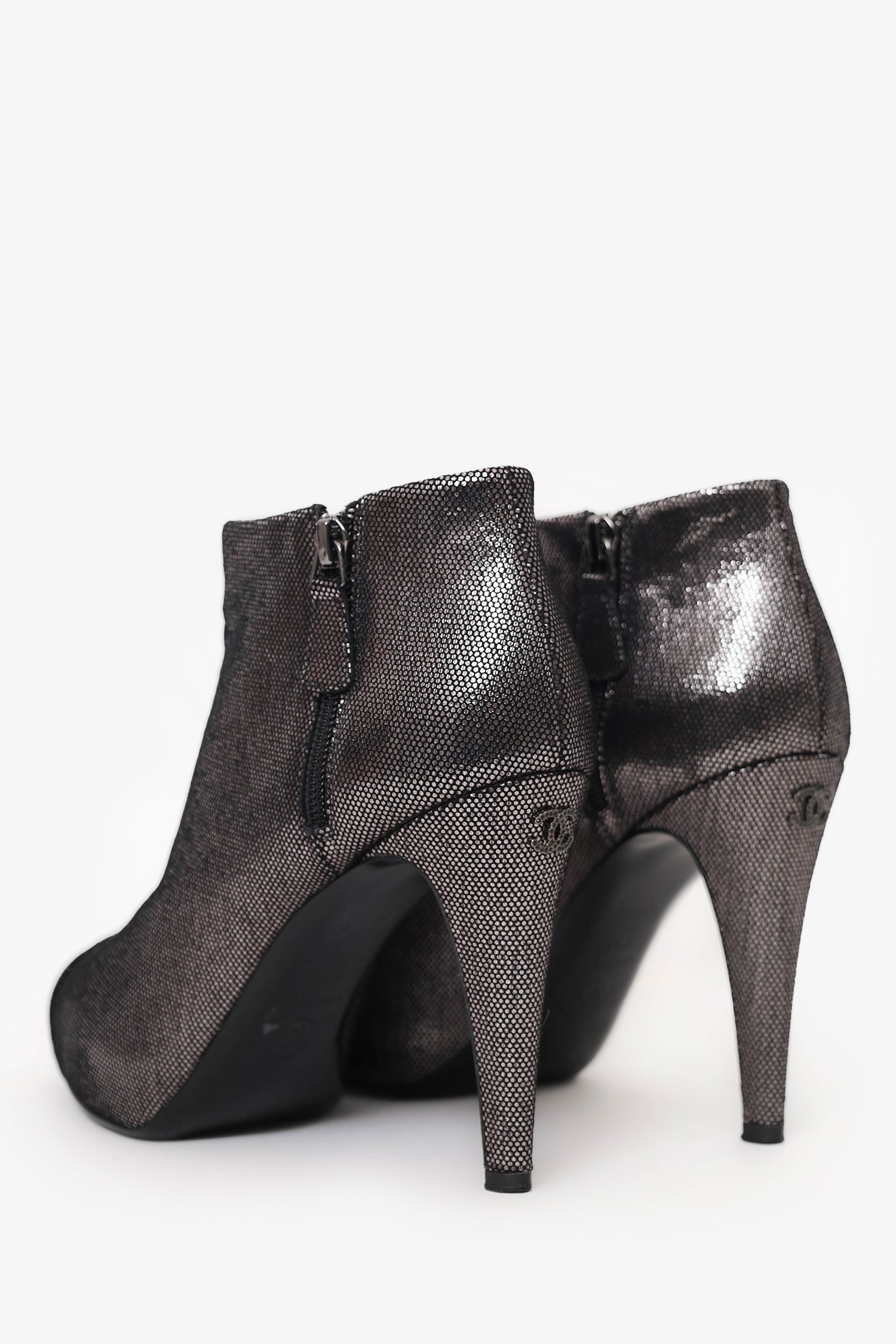 Pre-Loved Chanel™ Gunmetal/Black Cap Toe Ankle Booties Size 41.5